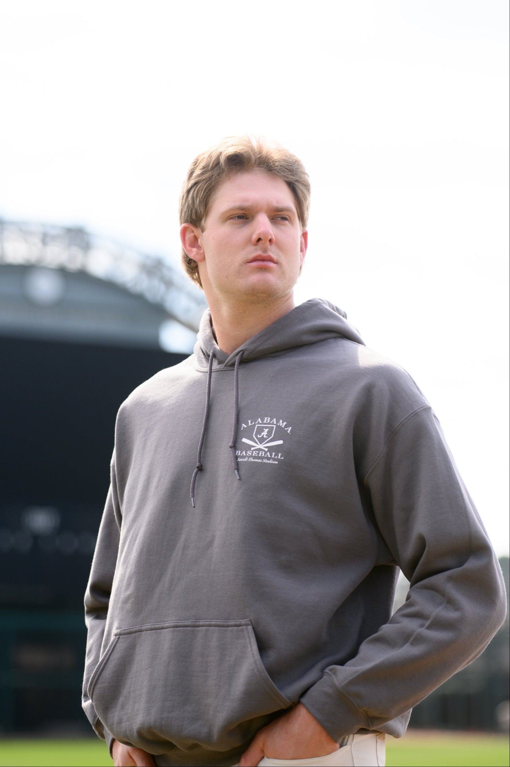 University of Alabama Light Grey Distressed Hoodie Chest Design with a white print of home plate over two crossed baseball bats