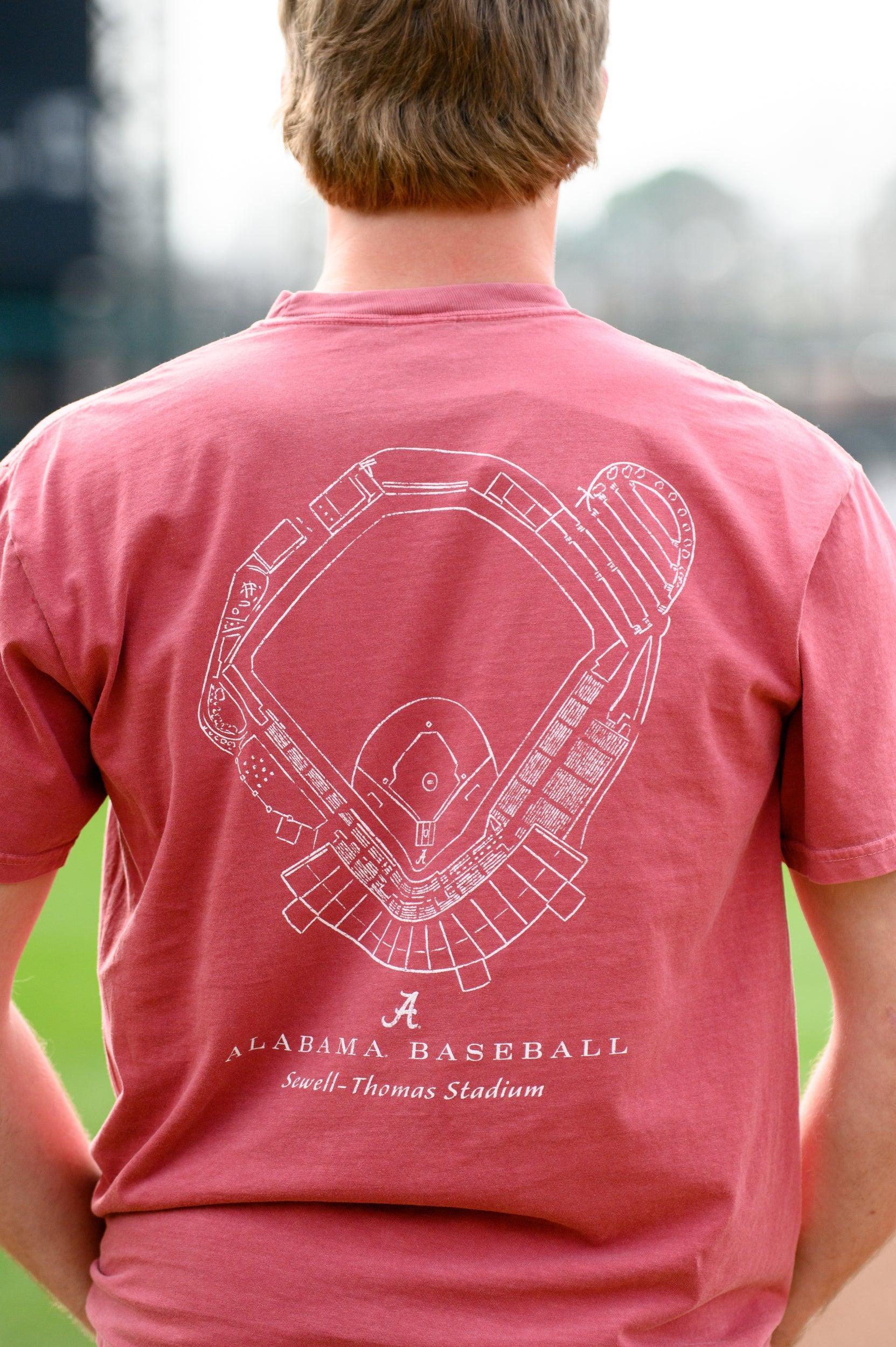 University of Alabama Red Distressed Tee with a White print of the Sewell-Thomas Stadium blueprint above text “Alabama Baseball”