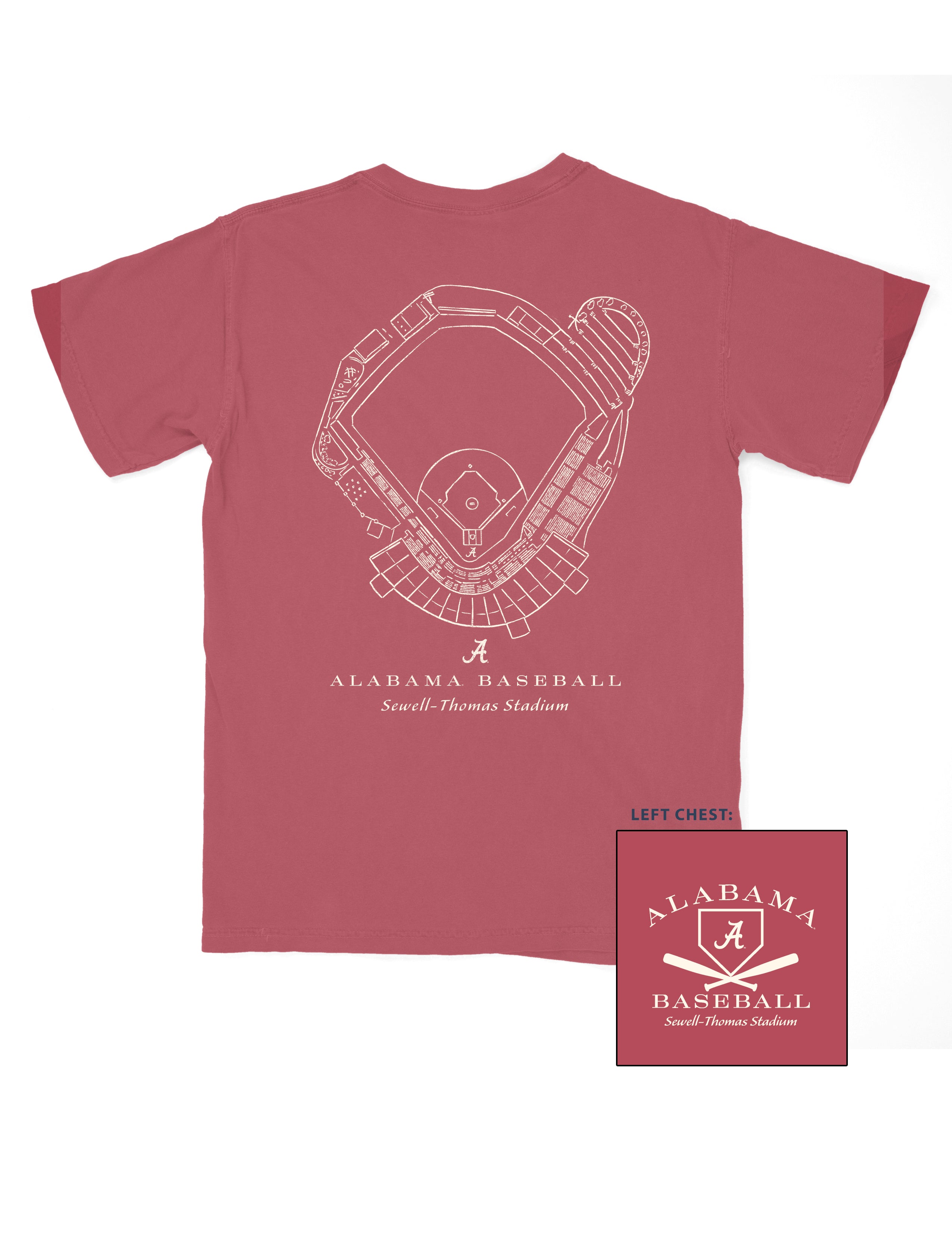 University of Alabama Red Distressed Tee with a White print of the Sewell-Thomas Stadium blueprint above text “Alabama Baseball”