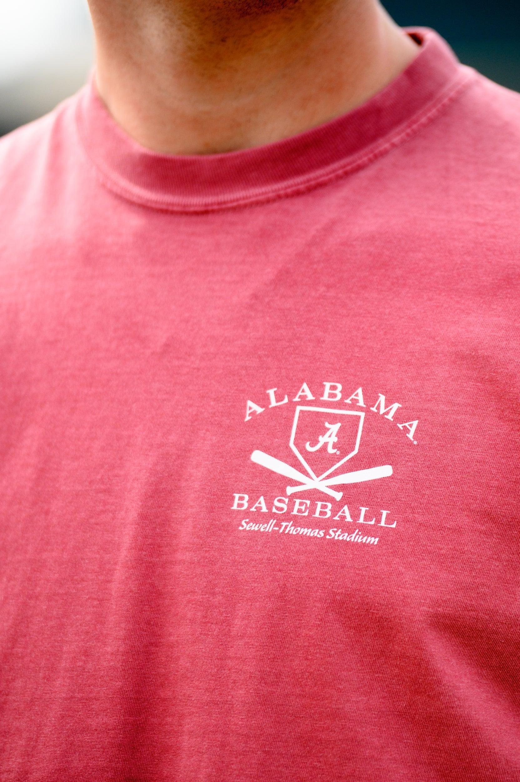 University of Alabama Red Distressed Tee Chest Design with a white print of home plate over two crossed baseball bats