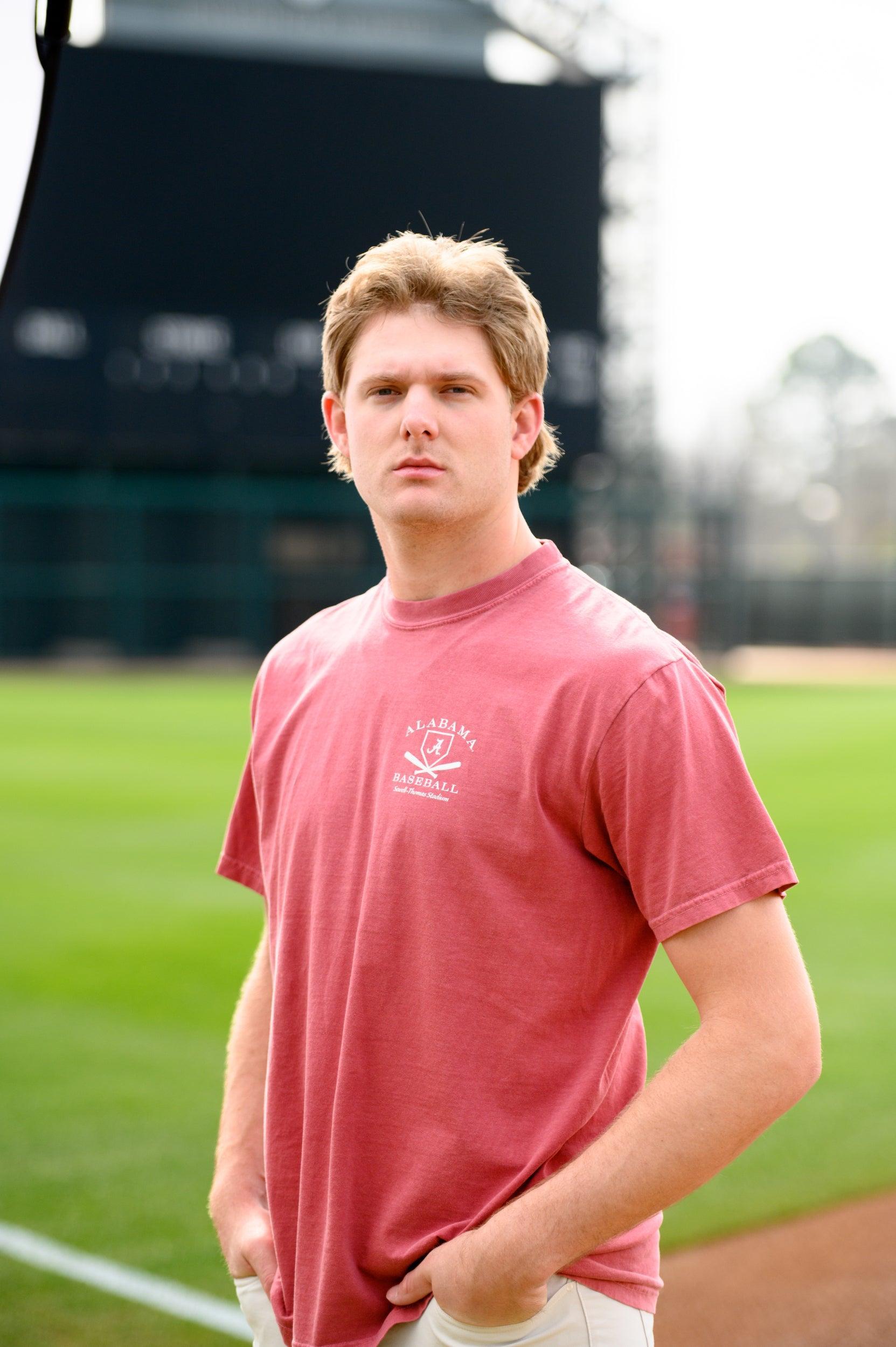 University of Alabama Red Distressed Tee Chest Design with a white print of home plate over two crossed baseball bats