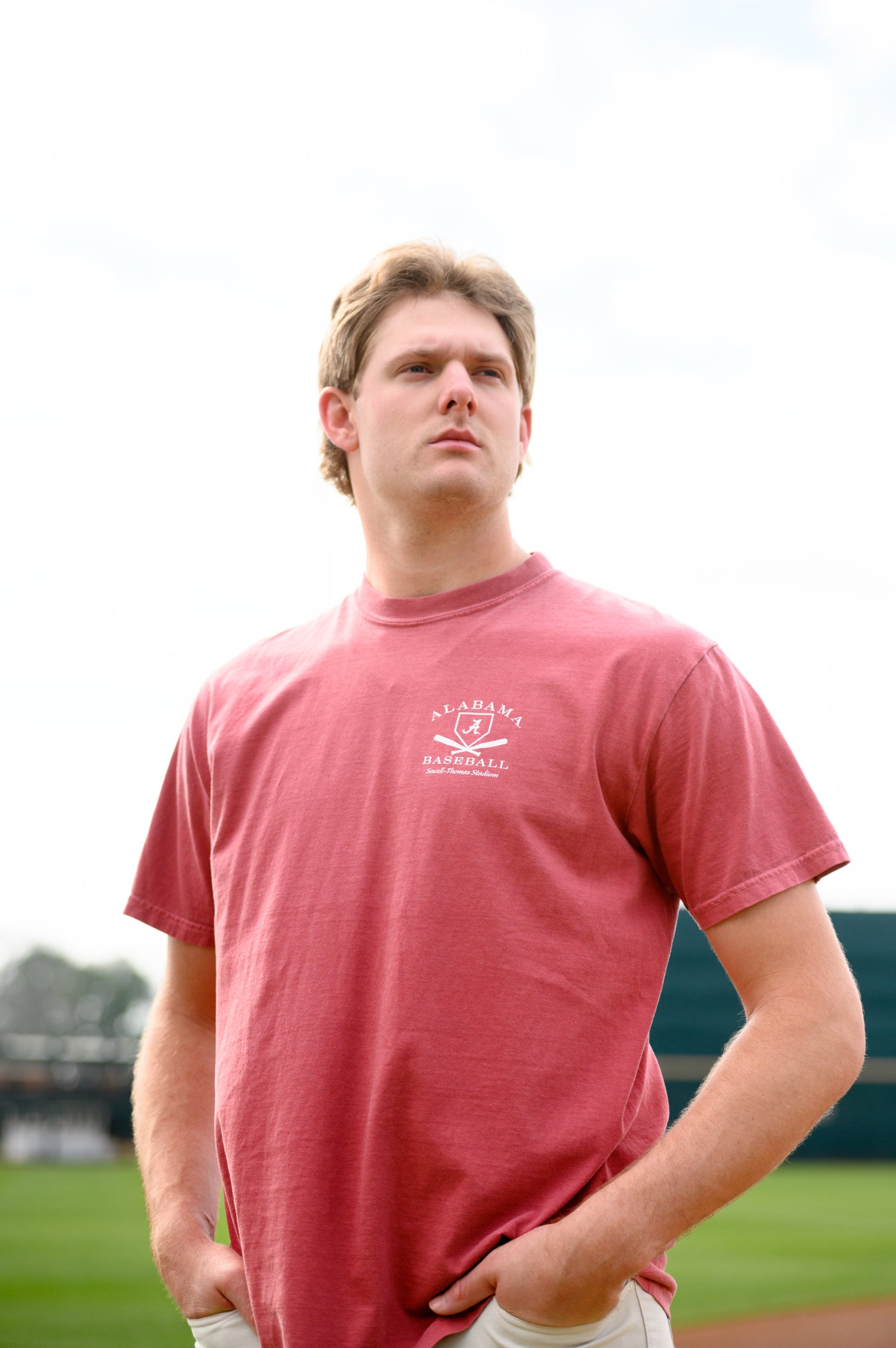 University of Alabama Red Distressed Tee Chest Design with a white print of home plate over two crossed baseball bats