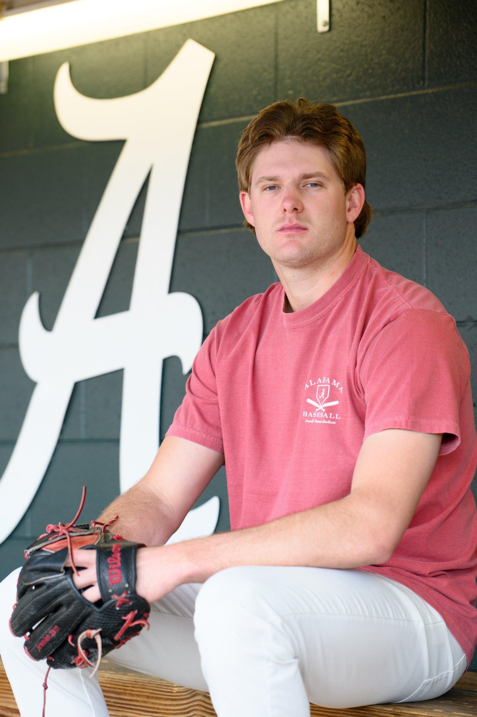 University of Alabama Red Distressed Tee Chest Design with a white print of home plate over two crossed baseball bats