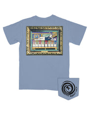 The Rabbit Hole Denim T-Shirt with a framed picture of Sir Rabbit lounging across slushie machines on the bar