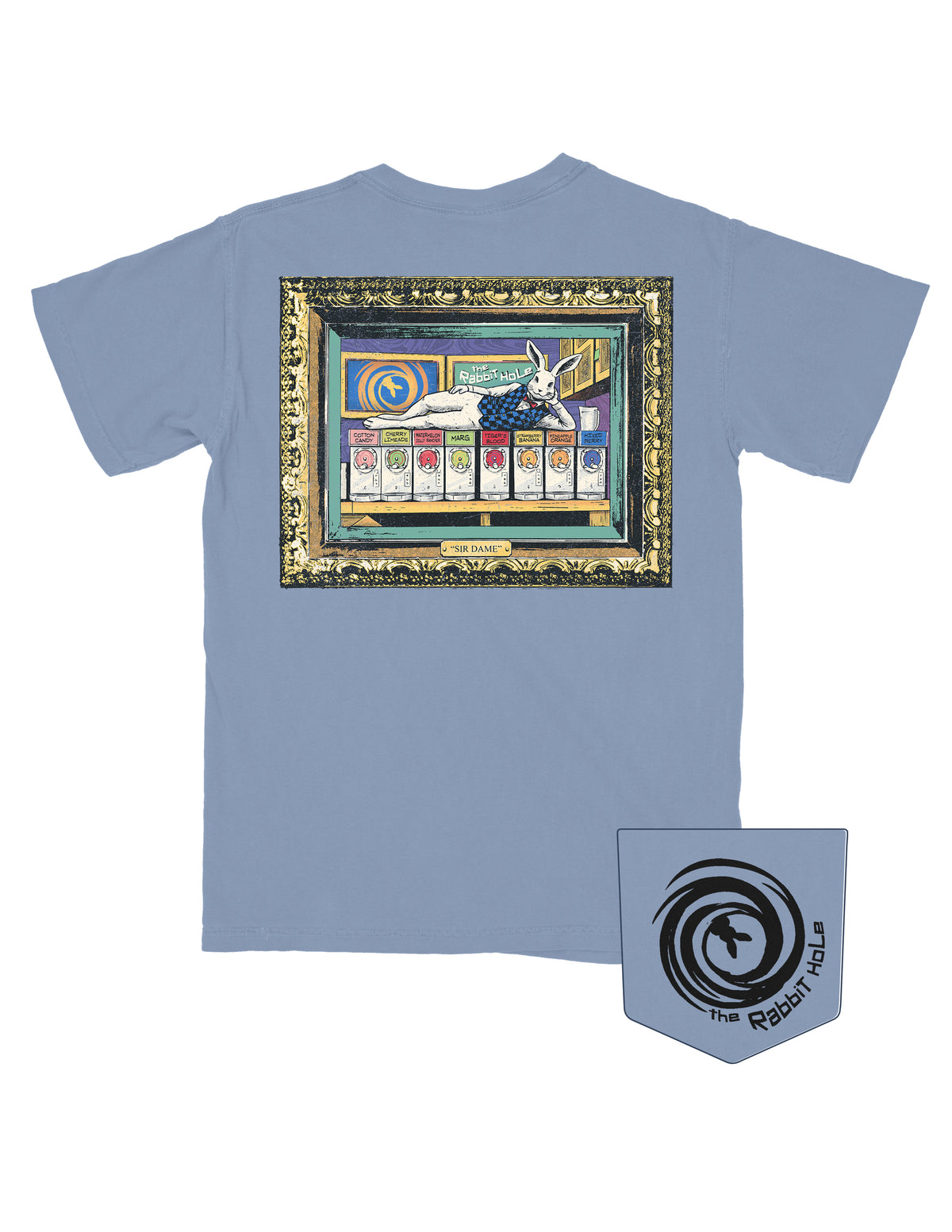 The Rabbit Hole Denim T-Shirt with a framed picture of Sir Rabbit lounging across slushie machines on the bar