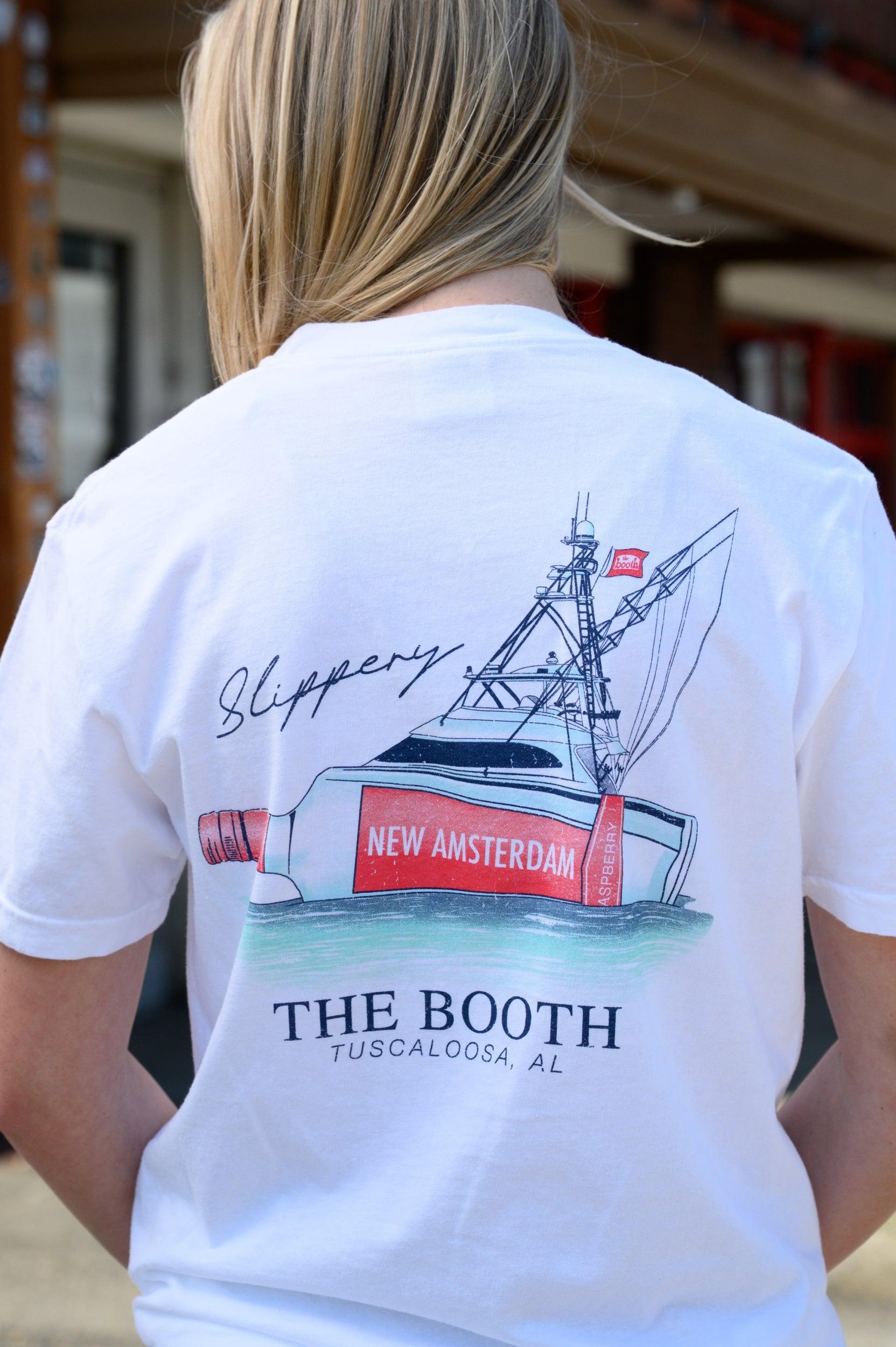 The Booth White T-Shirt featuring an illustration of a bottle attached to a boat next to script text “Slippery” 