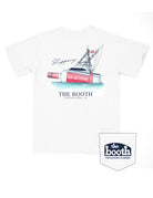 The Booth White T-Shirt featuring an illustration of a bottle attached to a boat next to script text “Slippery” 