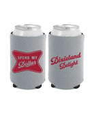 University of Alabama Grey Koozie with a Red squished rectangle with text “Spend My Dollar” and Red script “Dixieland Delight” on the back