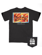 The Booth Black T-Shirt with a stained-glass style graphic featuring a banner with text “The Booth” and a mug of beer
