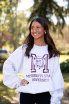 Mississippi State Light Grey Sweatshirt with the Vintage State Logo above Maroon text “Mississippi State University”
