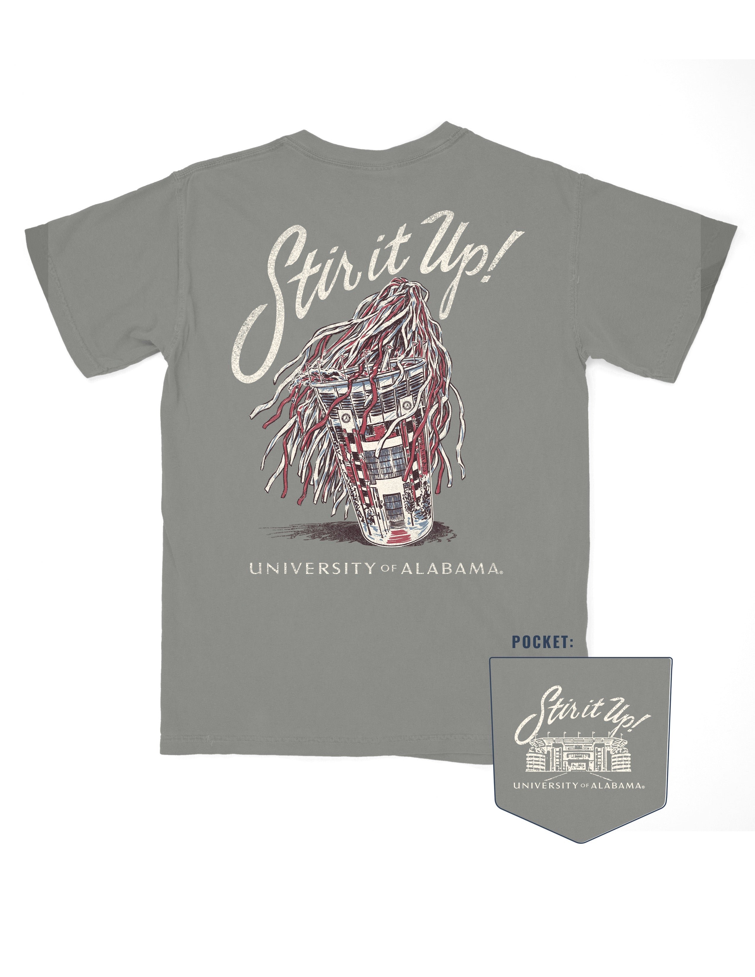 University of Alabama Grey T-Shirt with White text “Stir it Up!” above a stadium cup with a Red and White shaker inside 