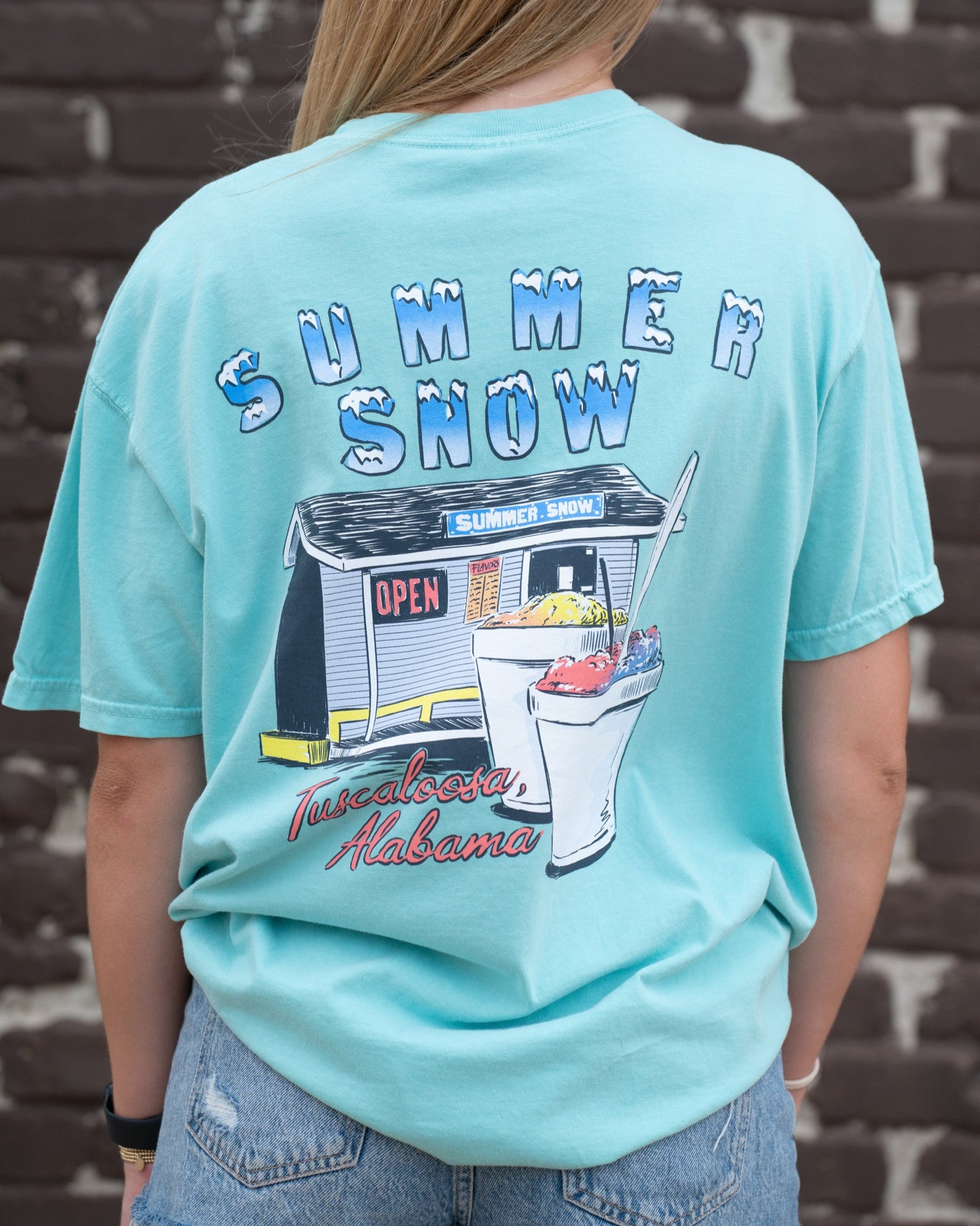 Summer Snow Chalky Mint  T-Shirt with the Summer Snow logo above an image the Summer Snow building with two snow cones