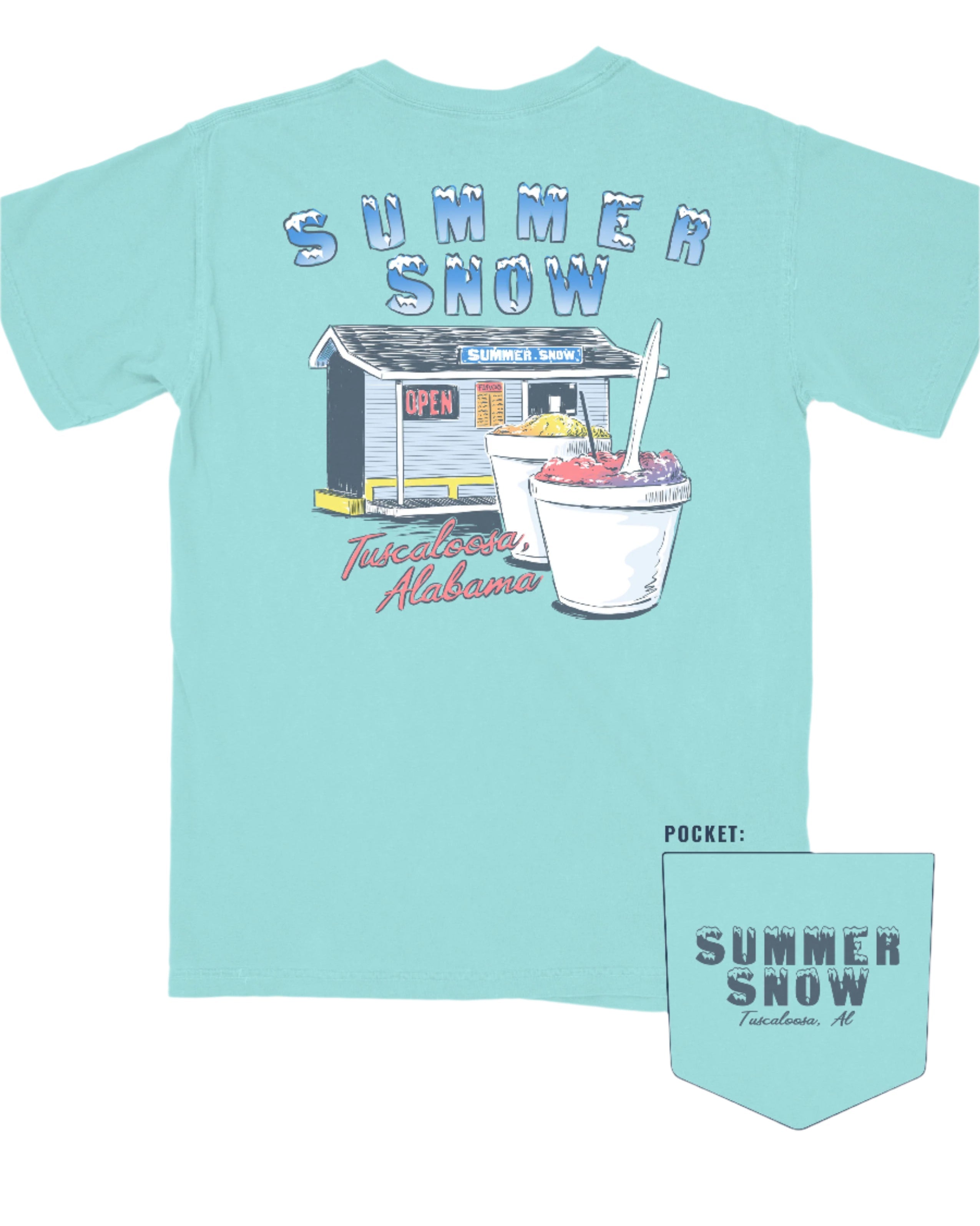 Summer Snow Chalky Mint T-Shirt with the Summer Snow logo above an image the Summer Snow building with two snow cones