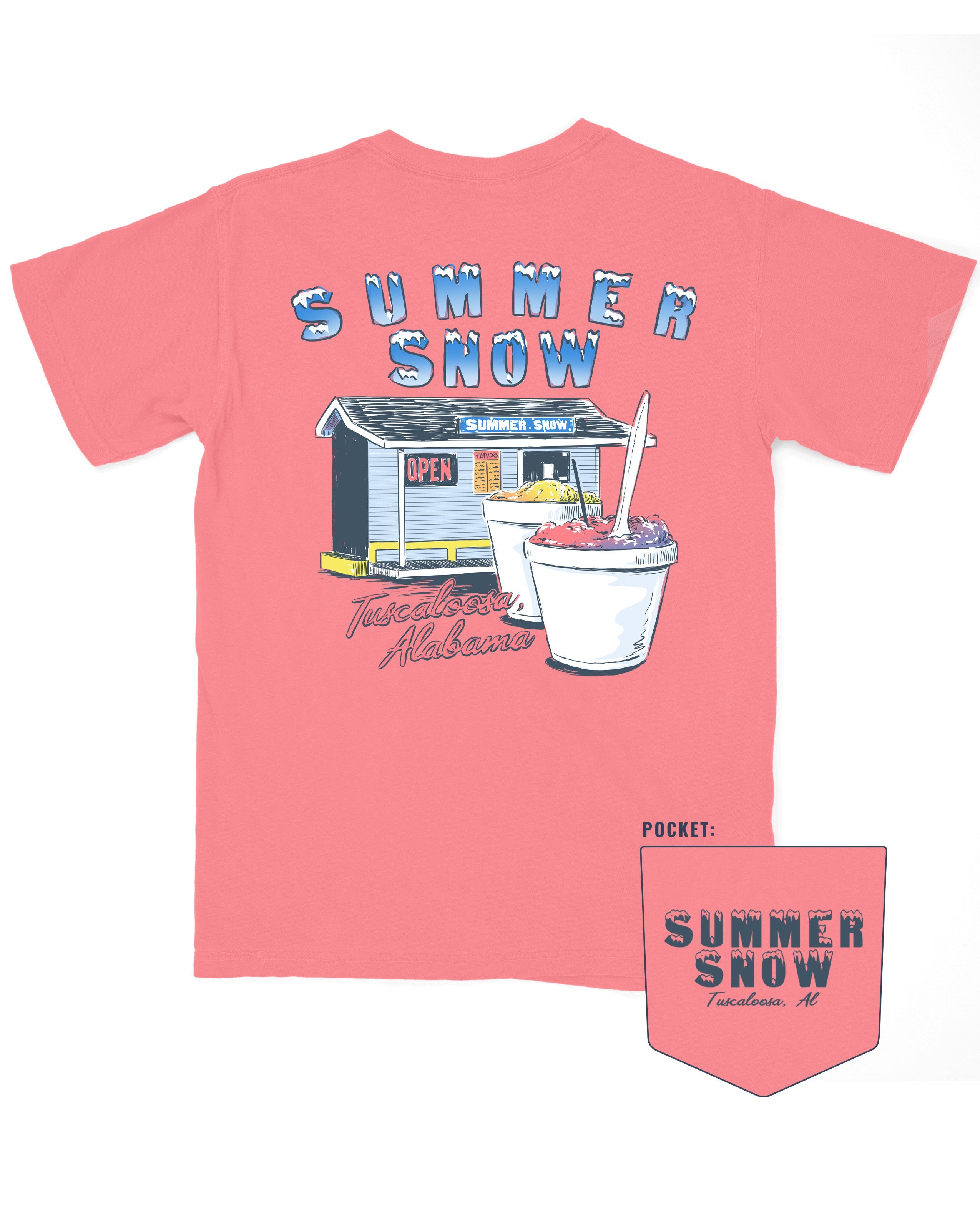 Summer Snow Chalky Mint and Watermelon T-Shirts with the Summer Snow logo above an image the Summer Snow building with two snow cones