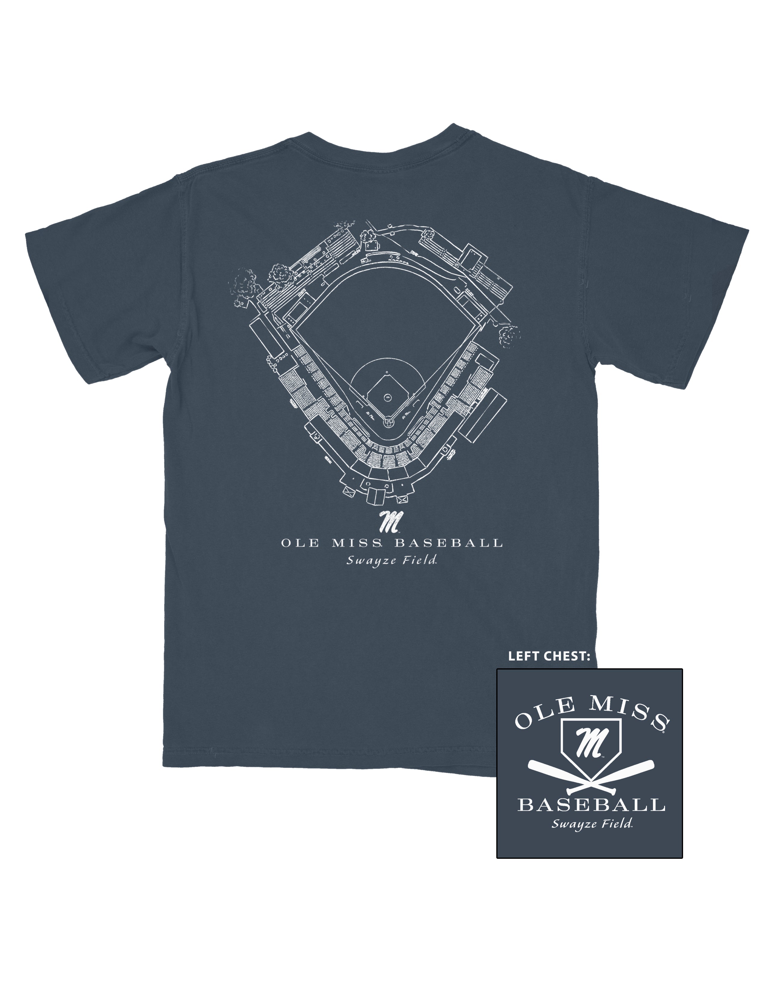 Ole Miss Navy Distressed Tee with a White print of the Plainsman Park Baseball Field blueprint above text “Auburn Baseball”