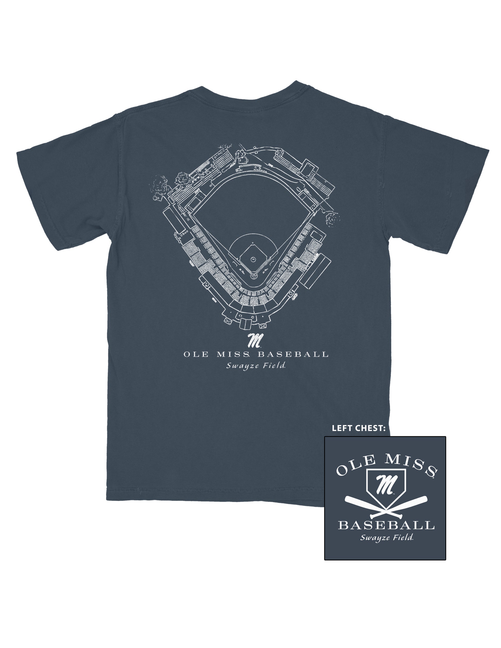 Ole Miss Navy Distressed Tee with a White print of the Plainsman Park Baseball Field blueprint above text “Auburn Baseball”