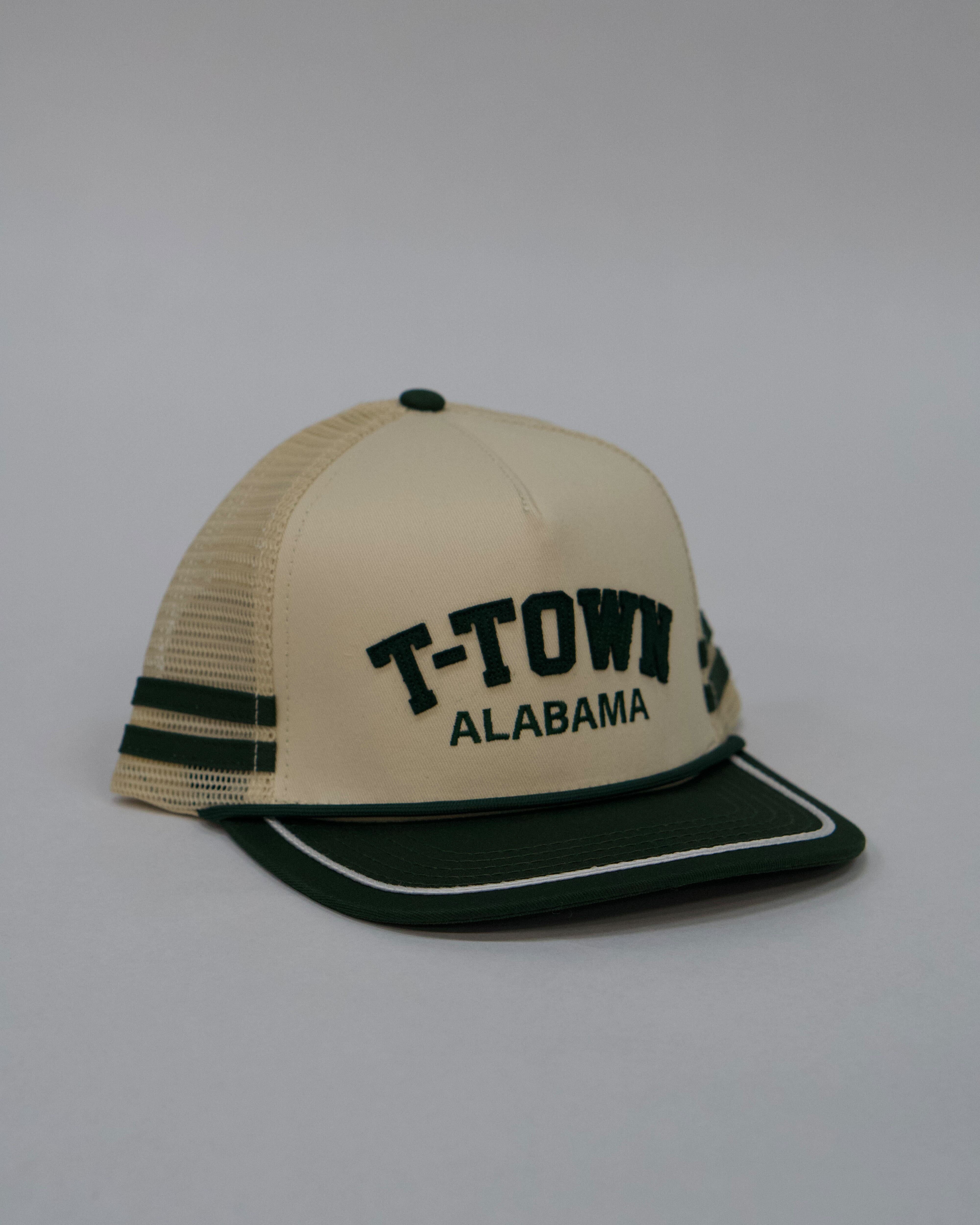 Local Merch Cream hat with Green Felt letters “T-Town” over embroidered text “Alabama”