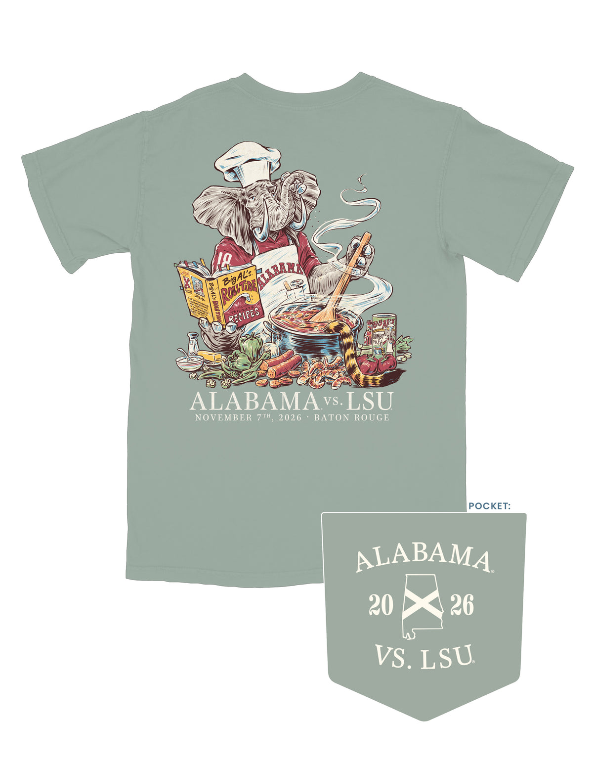 University of Alabama Bay Shirt with an image of Big Al in a chef’s hat and apron standing in front of a pot of gumbo with Mike the Tiger’s tail sticking out of it 