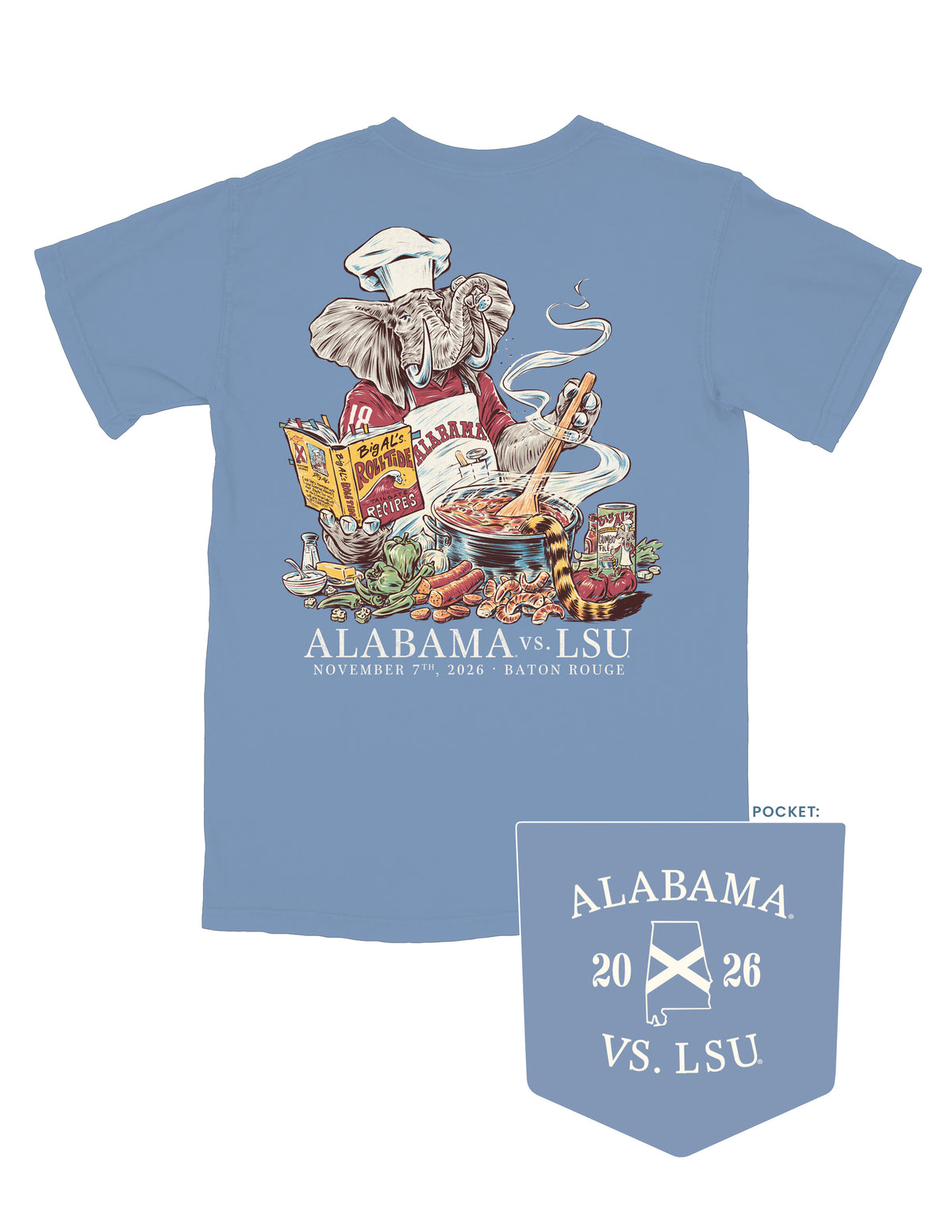 University of Alabama washed denim Shirt with an image of Big Al in a chef’s hat and apron standing in front of a pot of gumbo with Mike the Tiger’s tail sticking out of it 