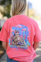 Tacky Jacks Watermelon T-Shirt with an image of a brown tabby cat wearing pink sunglasses and enjoying a drink on a pier above text "Tacky Jacks"