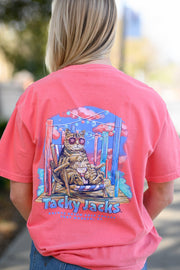 Tacky Jacks Watermelon T-Shirt with an image of a brown tabby cat wearing pink sunglasses and enjoying a drink on a pier above text "Tacky Jacks"