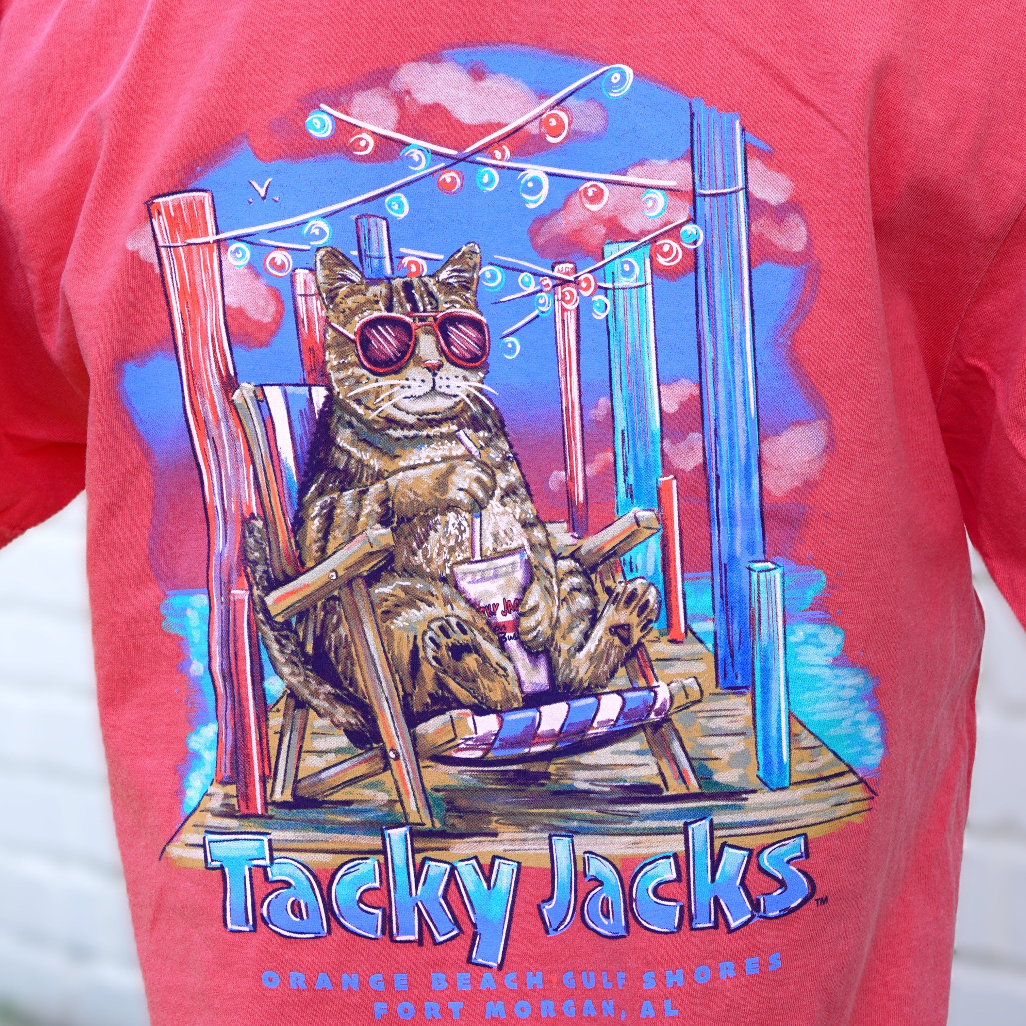 Tacky Jacks Watermelon T-Shirt with an image of a brown tabby cat wearing pink sunglasses and enjoying a drink on a pier above text "Tacky Jacks"