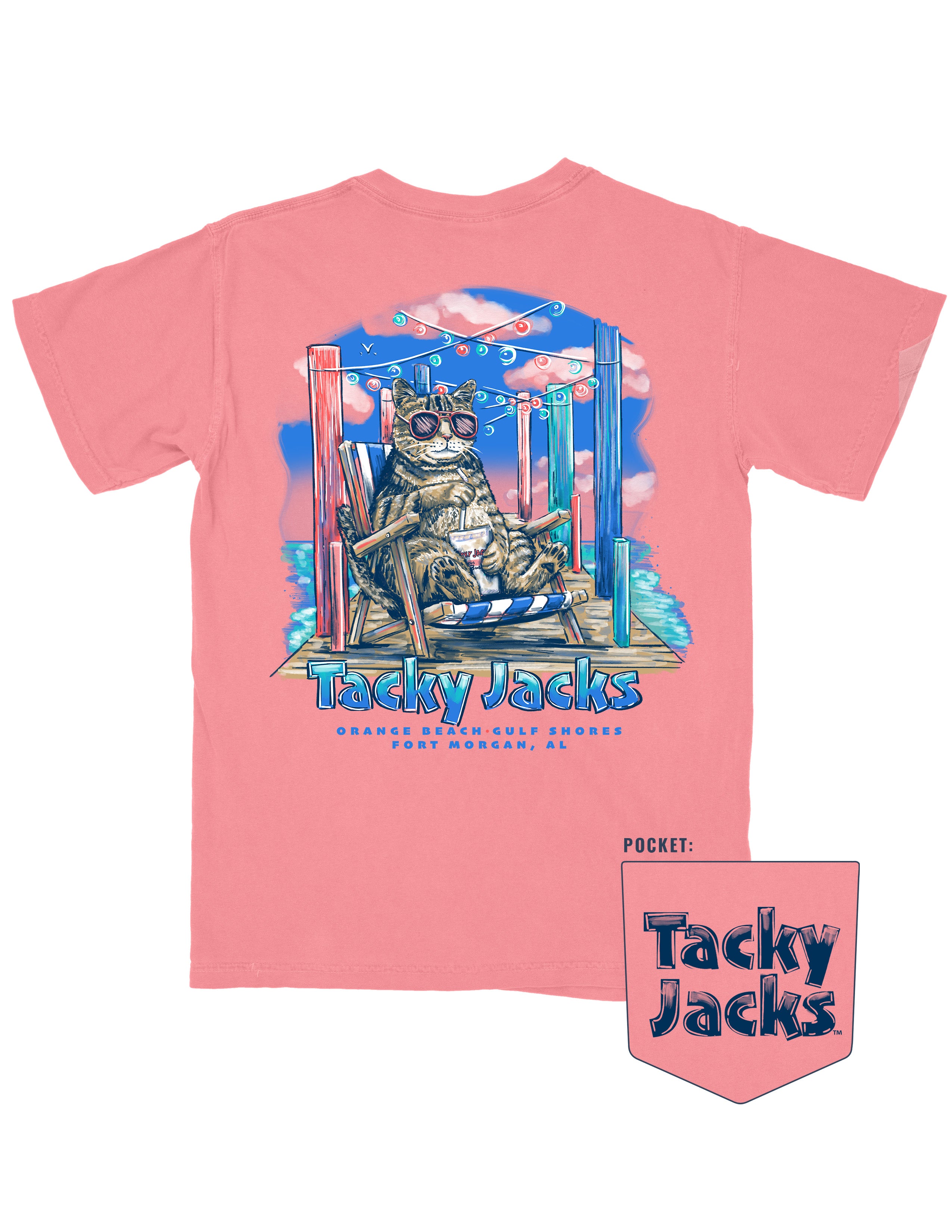 Tacky Jacks Watermelon T-Shirt with an image of a brown tabby cat wearing pink sunglasses and enjoying a drink on a pier above text "Tacky Jacks"