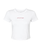 University of Alabama White Baby Tee with Red script “just here for the tailgate”