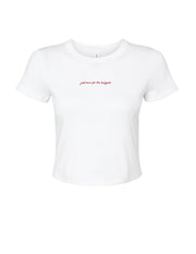 University of Alabama White Baby Tee with Red script “just here for the tailgate”