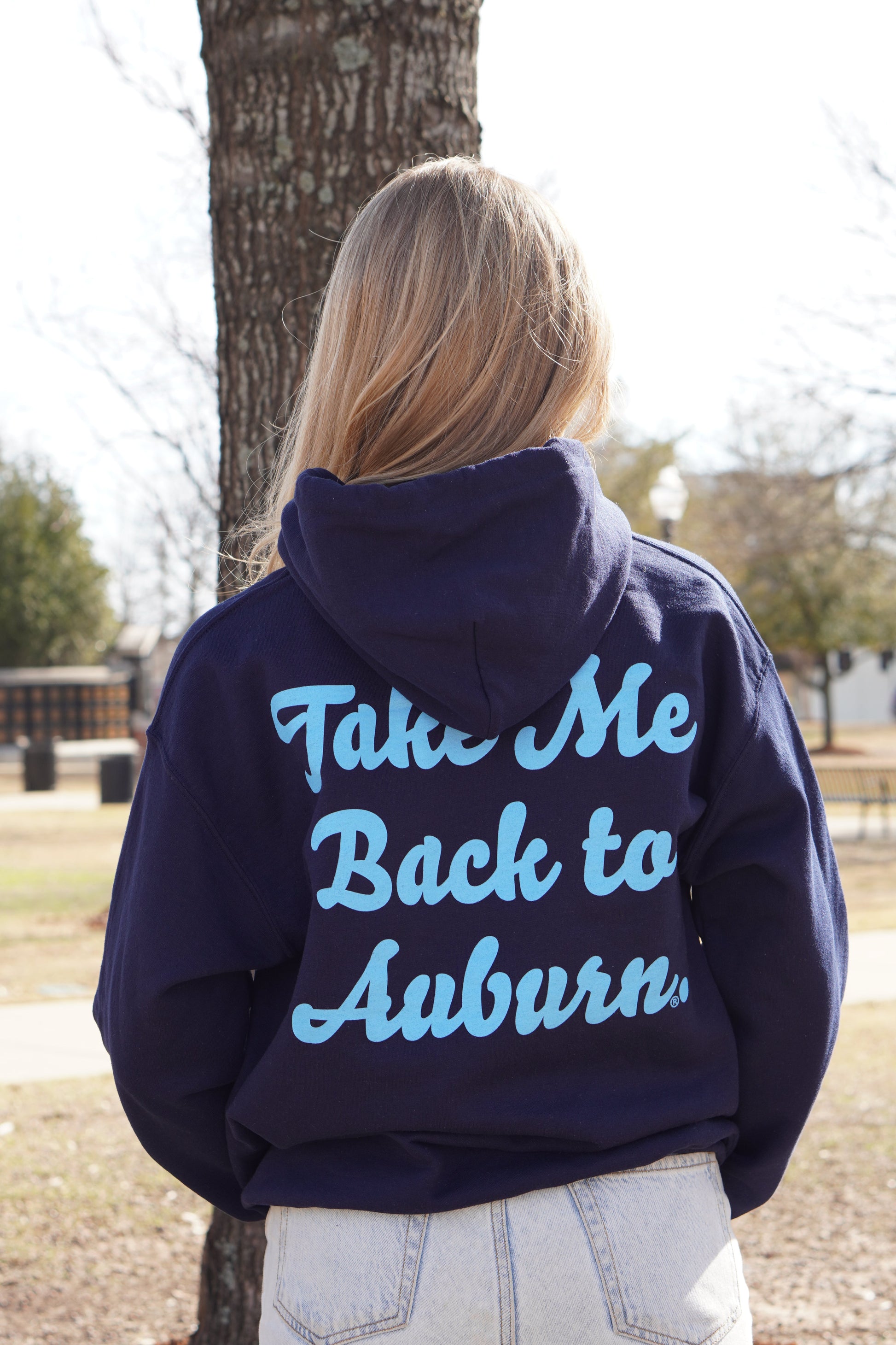 Auburn University Navy Ladies Hoodie with Light Blue text "Take Me Back to Auburn" (BACK)