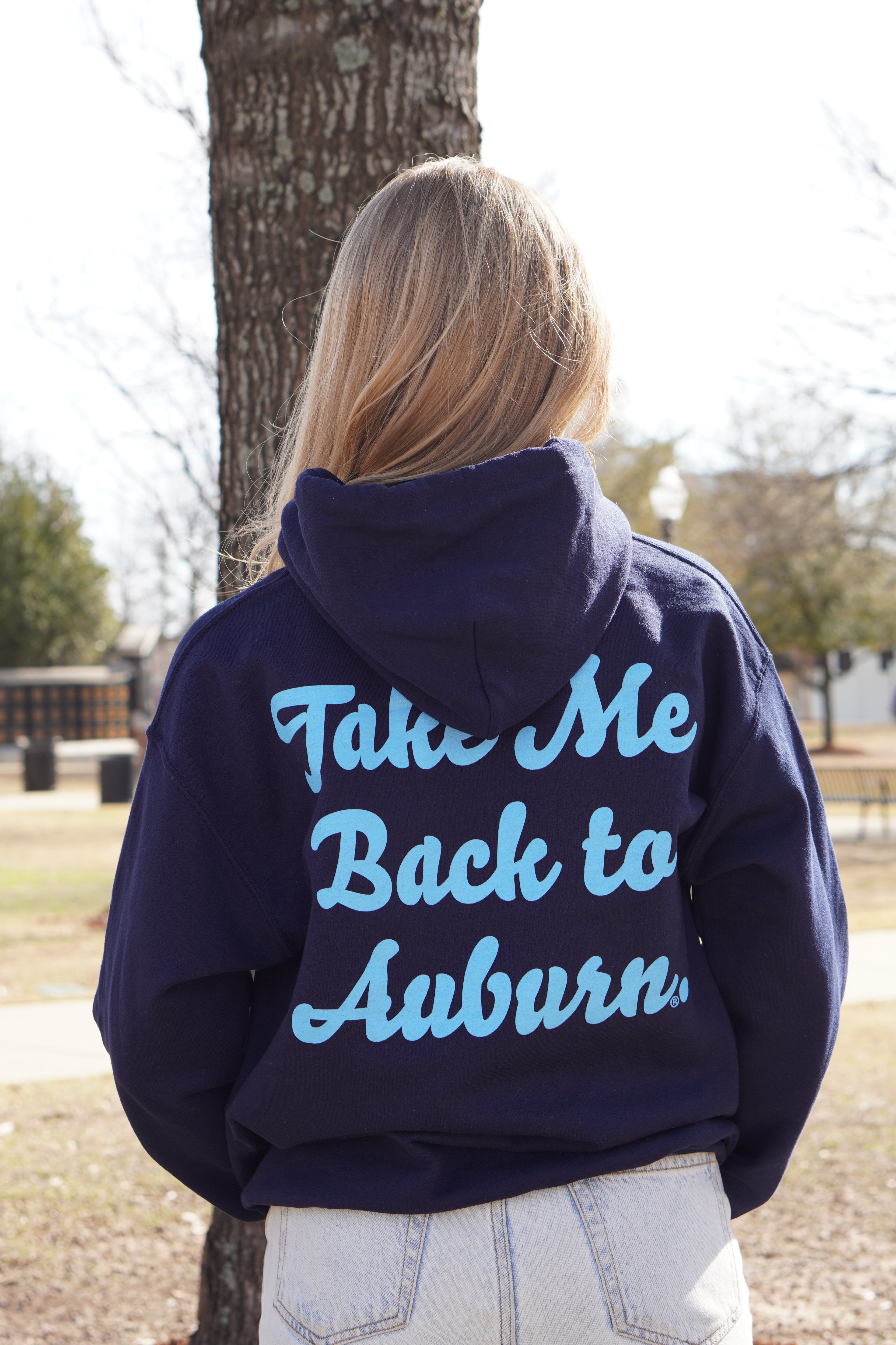 Auburn University Navy Ladies Hoodie with Light Blue text "Take Me Back to Auburn" (BACK)