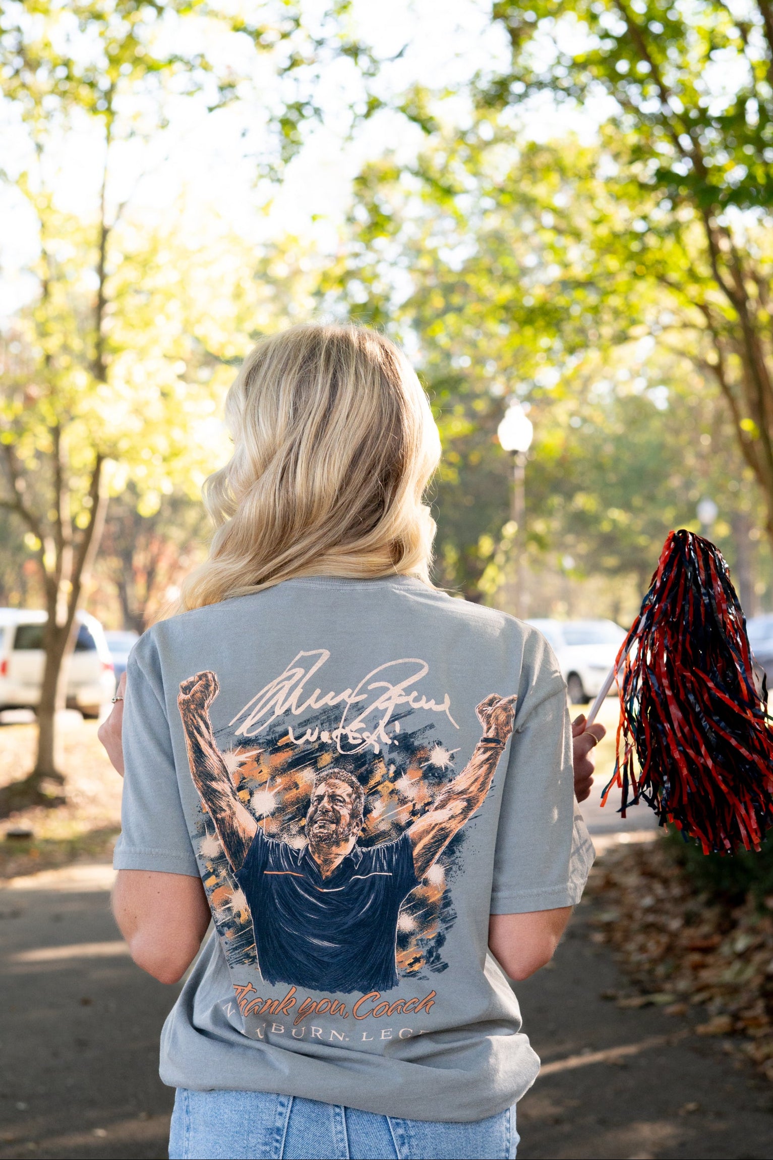 Auburn University Grey T-Shirt with an illustration of Bruce Pearl cheering above text “Thank You, Coach”