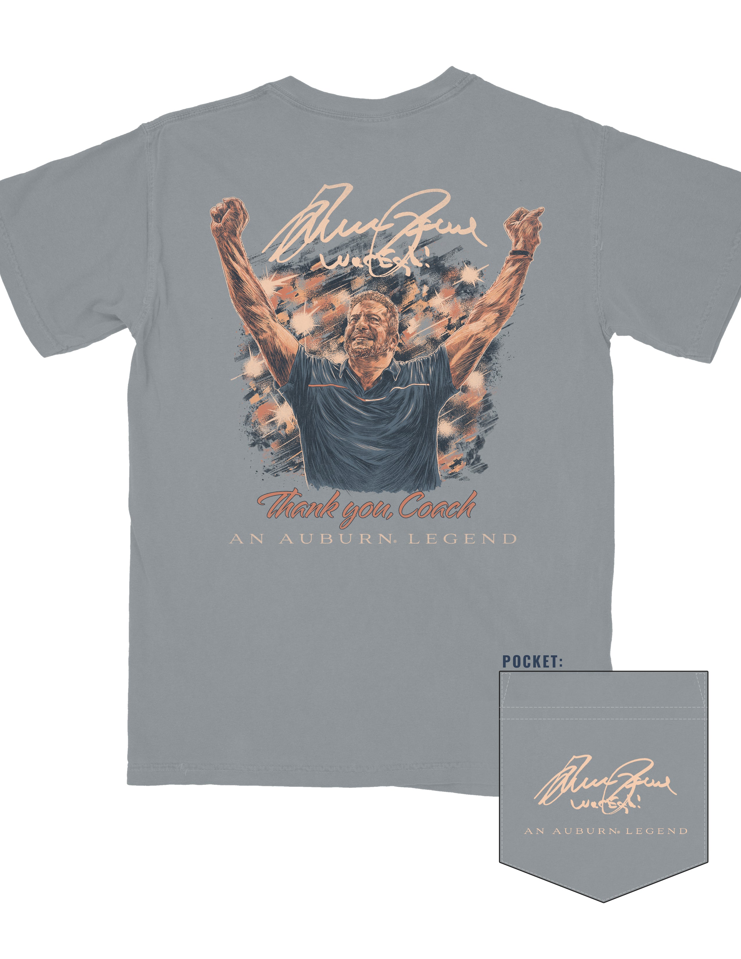 Auburn University Grey T-Shirt with an illustration of Bruce Pearl cheering above text “Thank You, Coach”