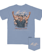 Auburn University Blue T-Shirt with an illustration of Bruce Pearl cheering above text “Thank You, Coach”