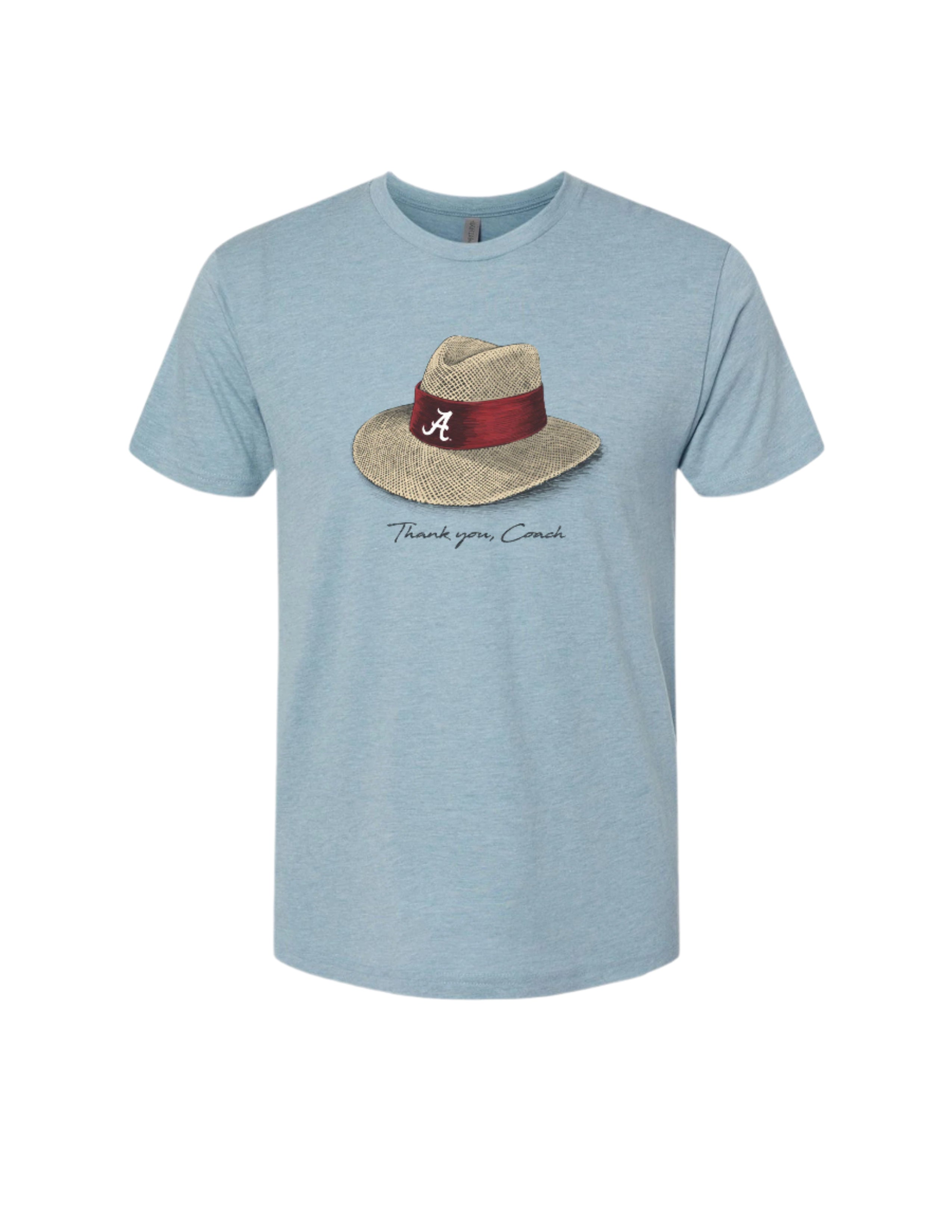 University of Alabama Light Blue Thank You, Coach Tee with Nick Saban's iconic straw hat above text "Thank You, Coach"
