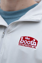 The Booth Light Blue Stripe Men’s Pullover with a Red The Booth Logo embroidered on the chest