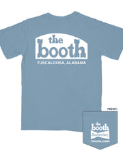 The Booth Dusty Light Blue T-Shirt with a White print of the “The Booth” logo with White text “Tuscaloosa, Alabama” underneath