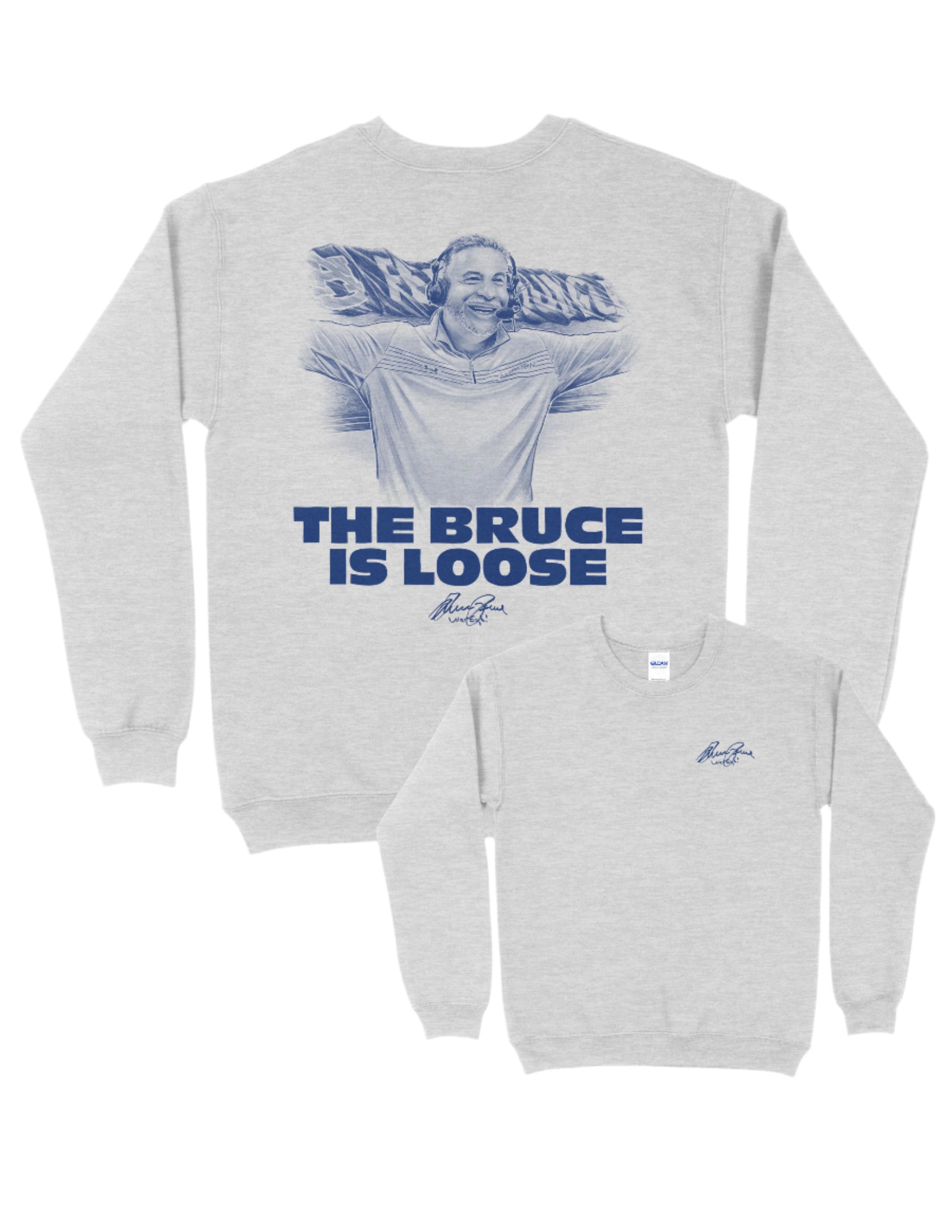 Auburn University Light Grey The Bruce is Loose Sweatshirt featuring an illustration of the Auburn Basketball coach above text "The Bruce is Loose"