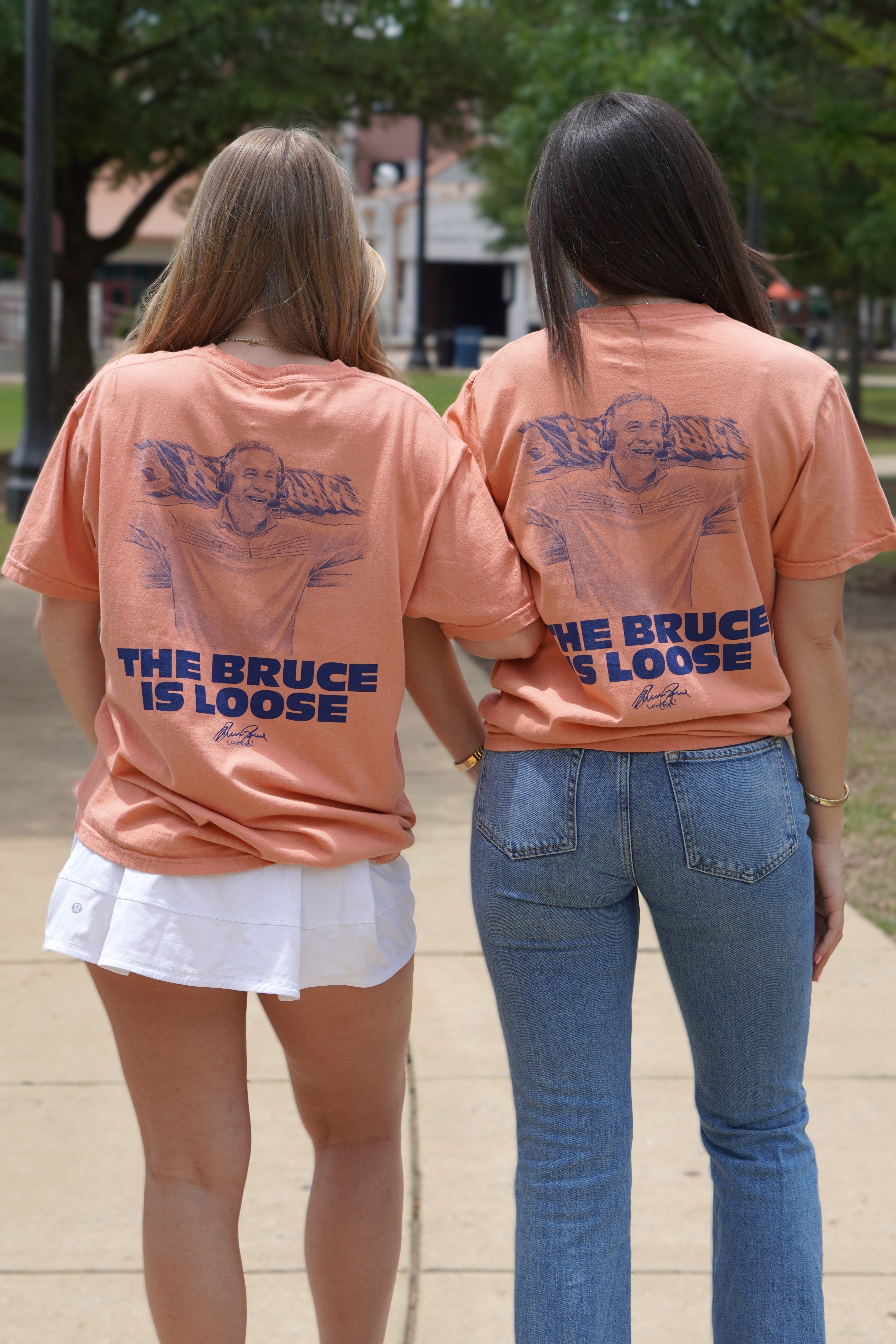 Auburn University Orange The Bruce is Loose T-Shirt featuring an illustration of the Auburn Basketball coach above text "The Bruce is Loose"