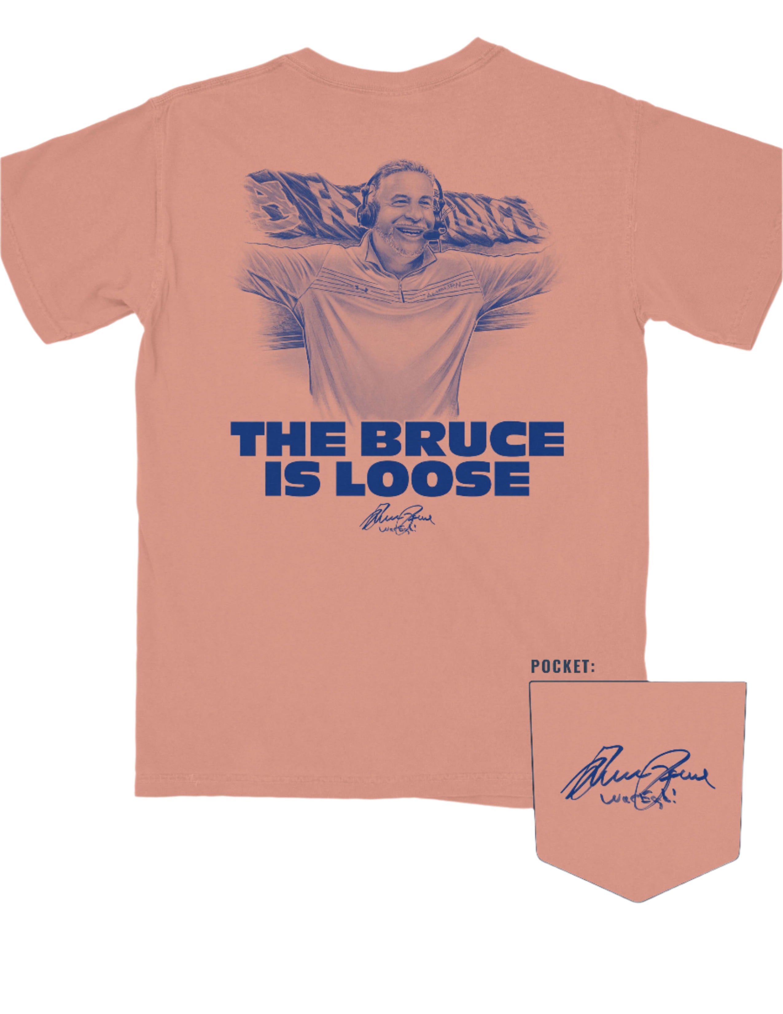Auburn University Orange The Bruce is Loose T-Shirt featuring an illustration of the Auburn Basketball coach above text "The Bruce is Loose"