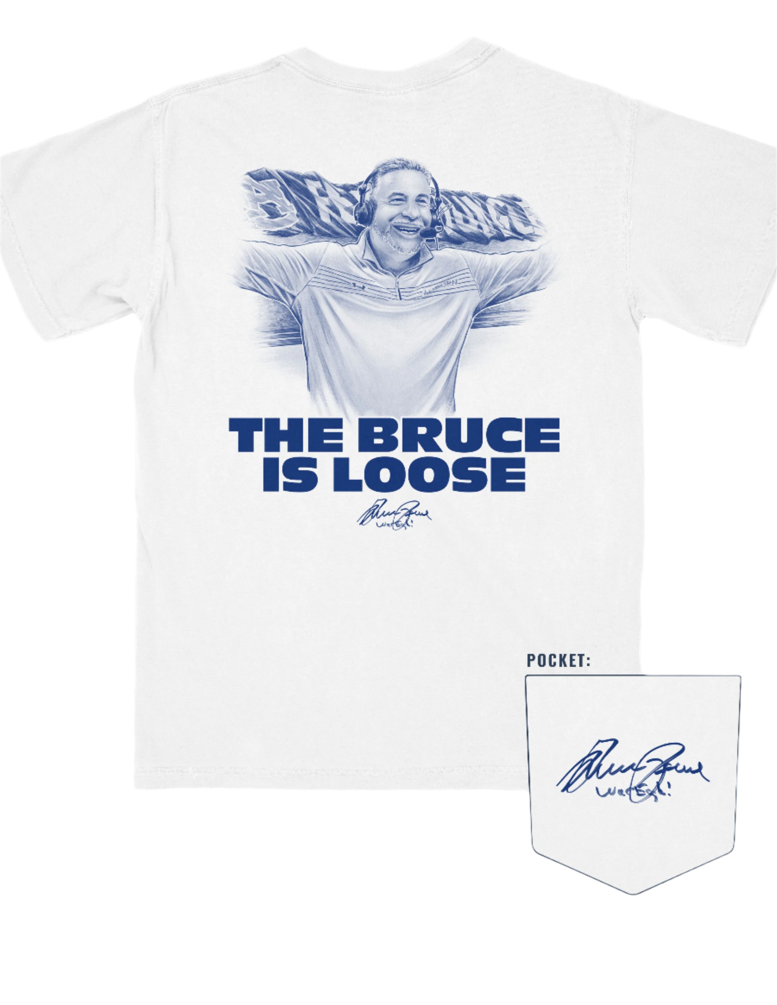 Auburn University White The Bruce is Loose T-Shirt featuring an illustration of the Auburn Basketball coach above text "The Bruce is Loose"