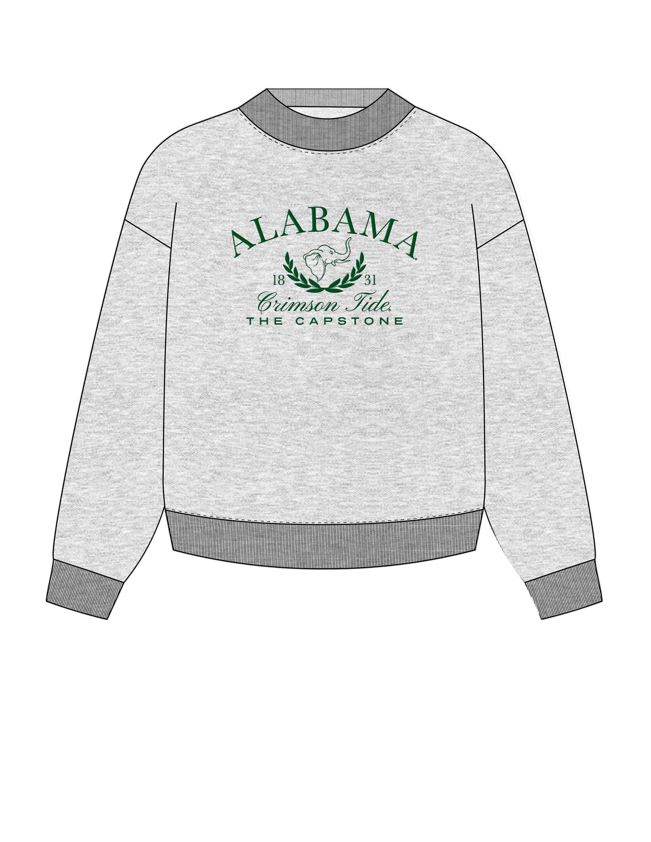 University of Alabama Grey Mock Neck Sweatshirt with Green Embroidered text “Alabama” above the elephant crest (An elephant head outline encircled by a wreath of laurels), and text “Crimson Tide- The Capstone”