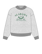 University of Alabama Grey Mock Neck Sweatshirt with Green Embroidered text “Alabama” above the elephant crest (An elephant head outline encircled by a wreath of laurels), and text “Crimson Tide- The Capstone”