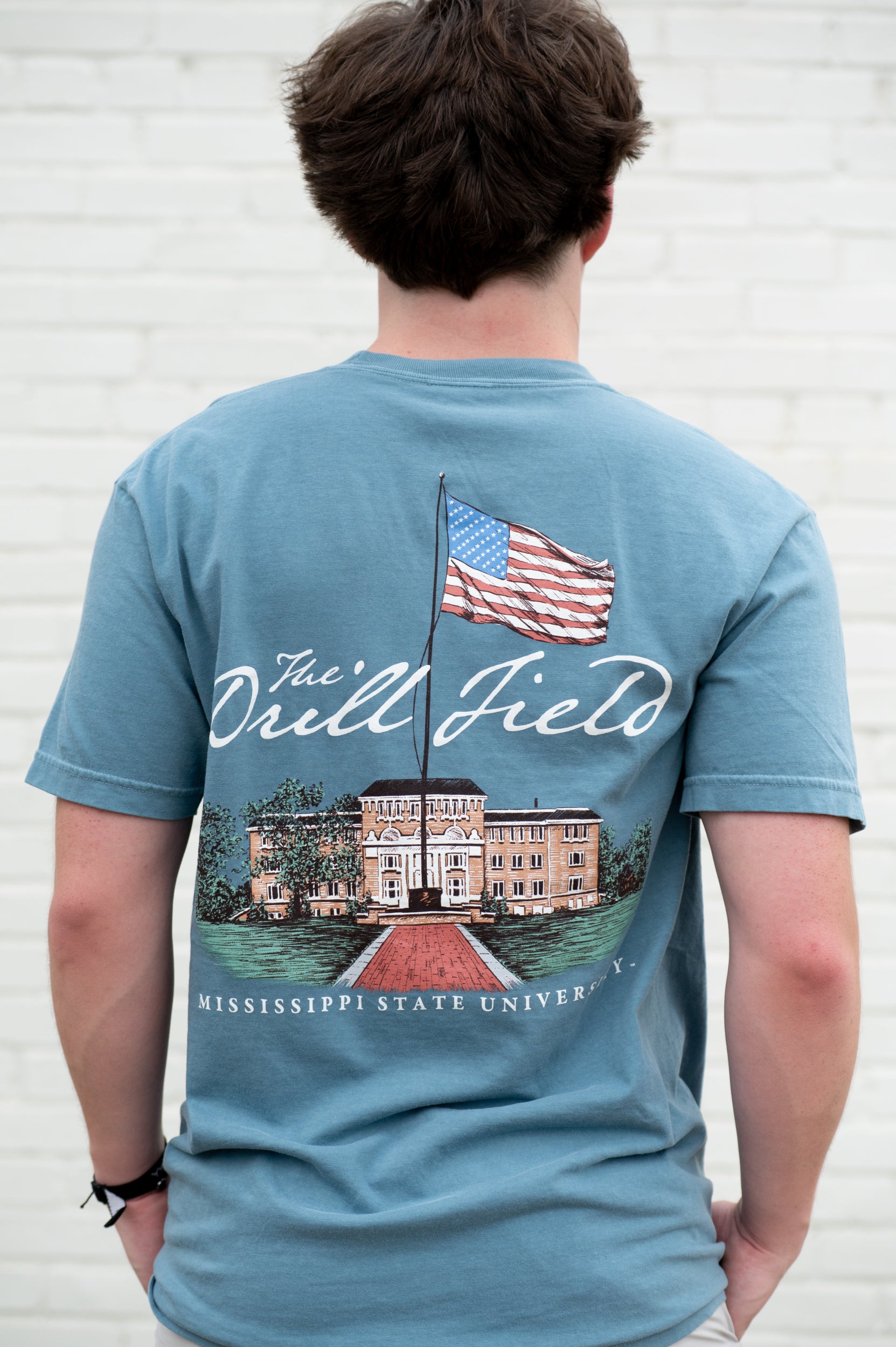 Mississippi State Blue T-Shirt with an image of Lee Hall on the Drill Field