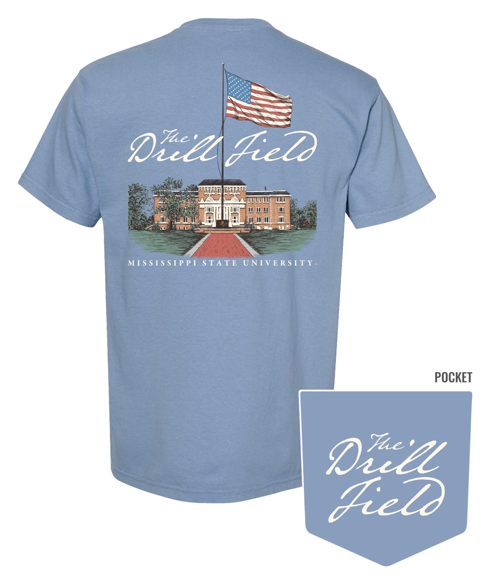 Mississippi State Blue T-Shirt with an image of Lee Hall on the Drill Field