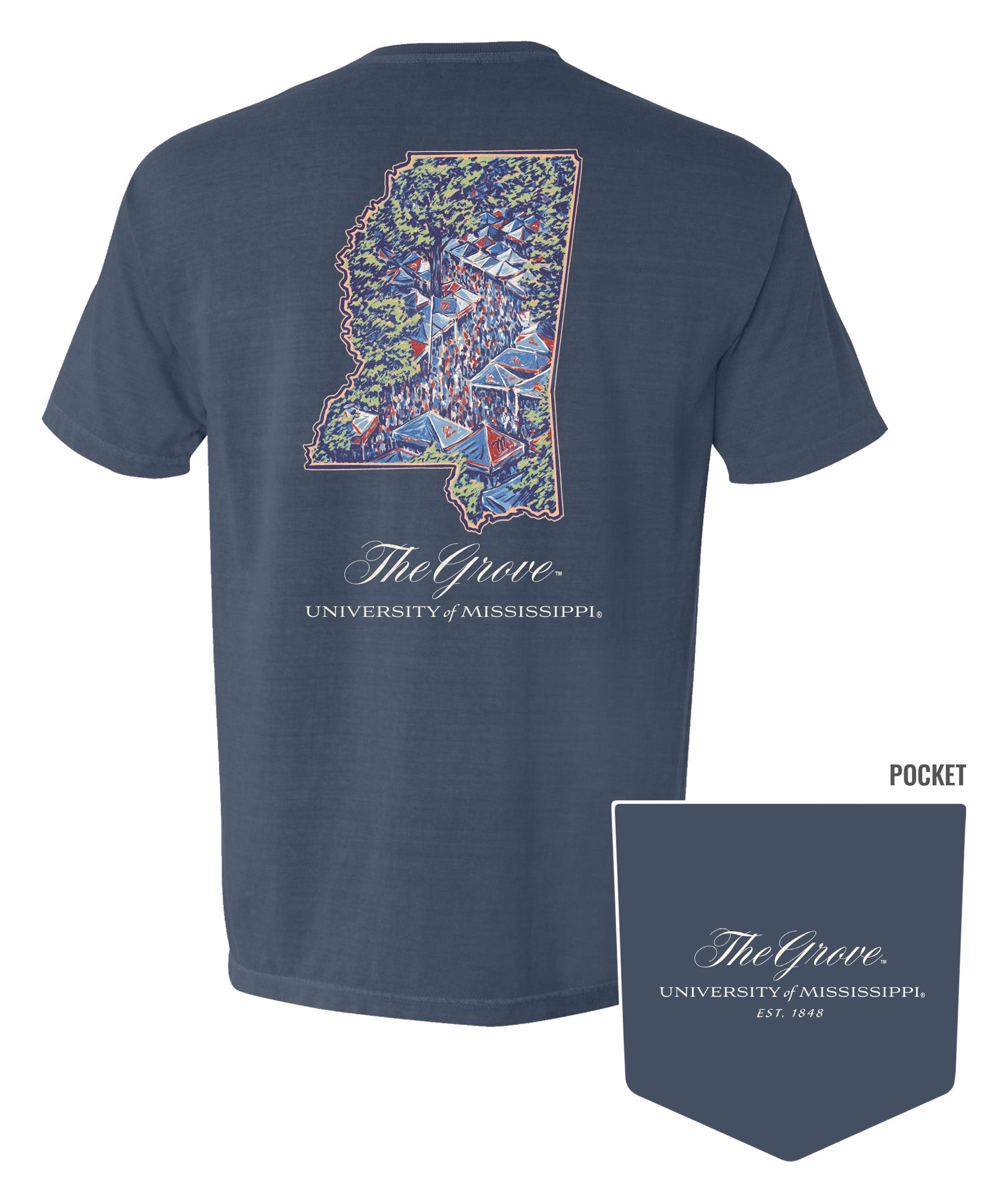 Ole Miss Navy T-Shirt with an outline of Mississippi and an image of The Grove during tailgating inside