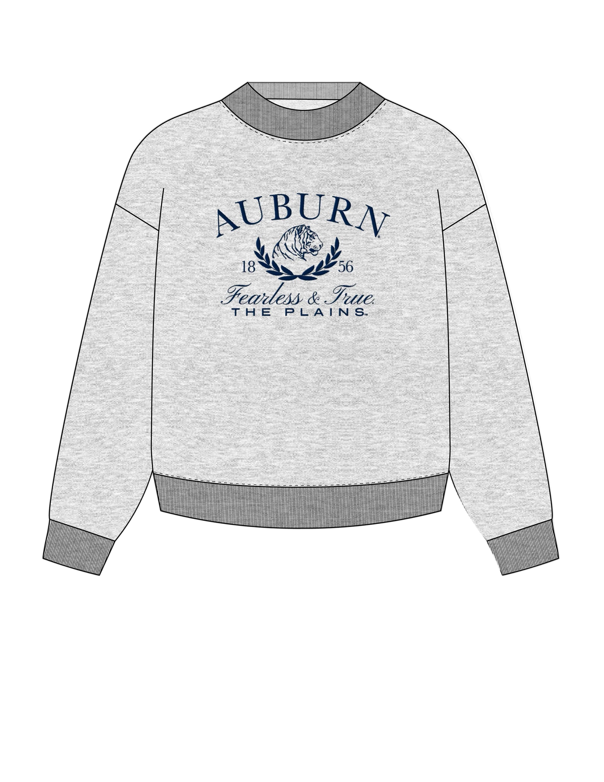 Auburn University Grey Mock Neck Sweatshirt with Navy Embroidered text “Auburn” above the tiger crest (A tiger head outline encircled by a wreath of laurels), and text “Fearless & True- The Plains”