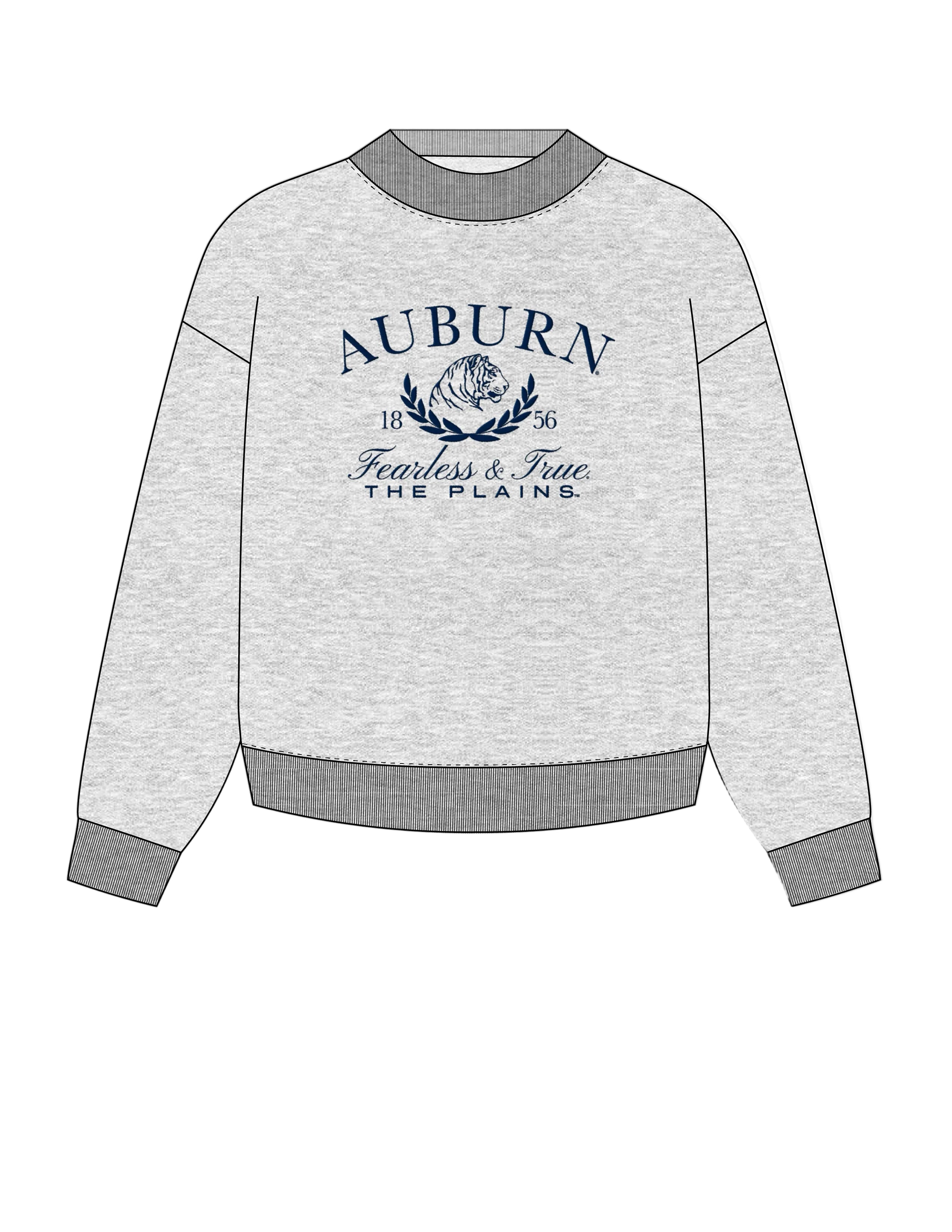 Auburn University Grey Mock Neck Sweatshirt with Navy Embroidered text “Auburn” above the tiger crest (A tiger head outline encircled by a wreath of laurels), and text “Fearless & True- The Plains”