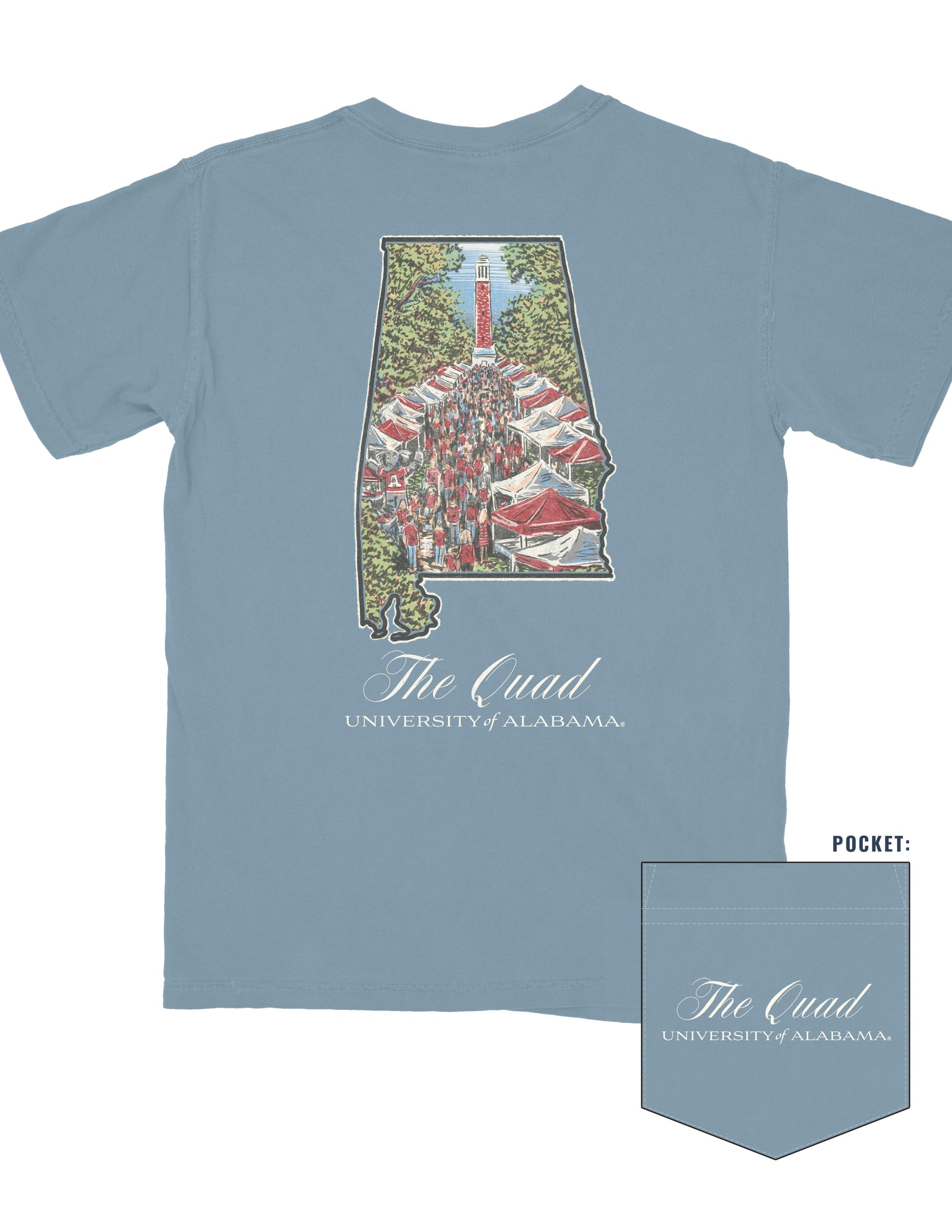 University of Alabama Blue-Grey Shirt with an illustration of a crowd on the Quad inside the Alabama state outline