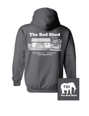 The Red Shed Dark Grey Hoodie with a White illustration of the Red Shed building 
